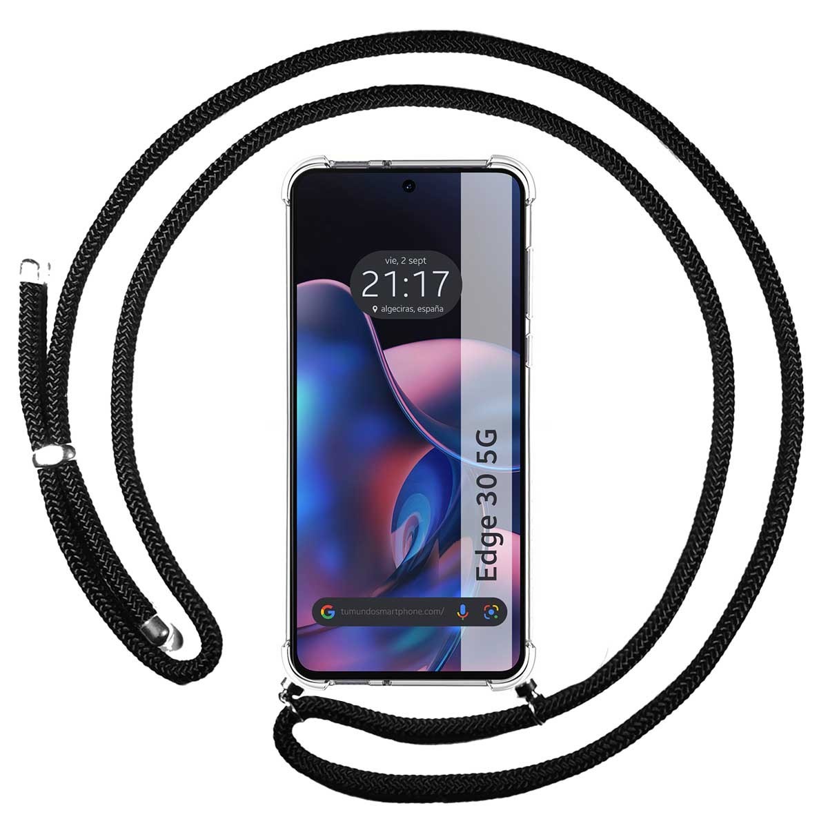 Tumundosmartphone Funda Colgante Transparente para Motorola Moto Edge 30 5G con Cordon Negro - Protección Móvil