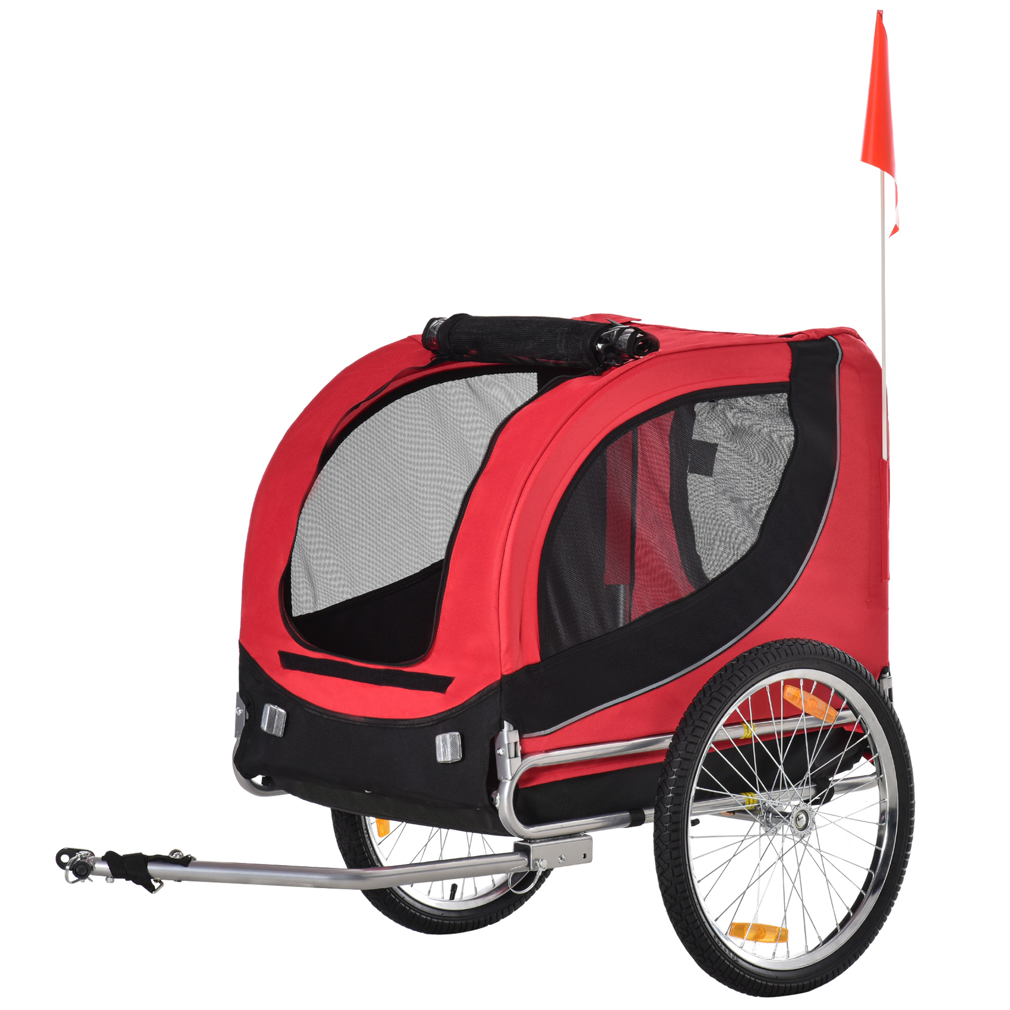 PawHut Remolque Bicicleta Perros Mascota 1 Bandera 8 Reflectores Remolque Bici 130x73x90 cm Rojo Negro