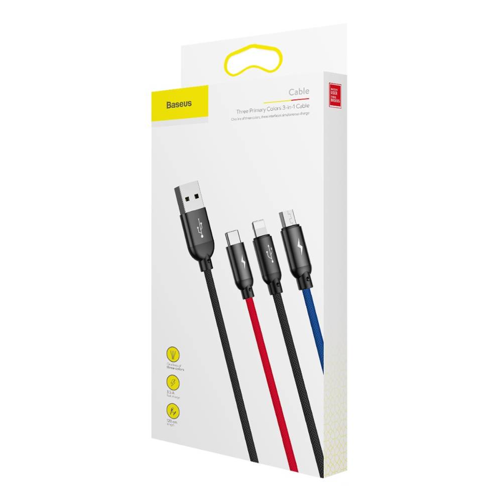Cable 3 en 1 Baseus Multi 1.2m/1.4ft - Carga Simultánea y Rápida 5.V 3.5A - Micro USB/USB Tipo C - Compatible con Iphone, Android, Samsung Galaxy, Kindle, Sony, Nexus, Motorola, Huawei, Xiaomi