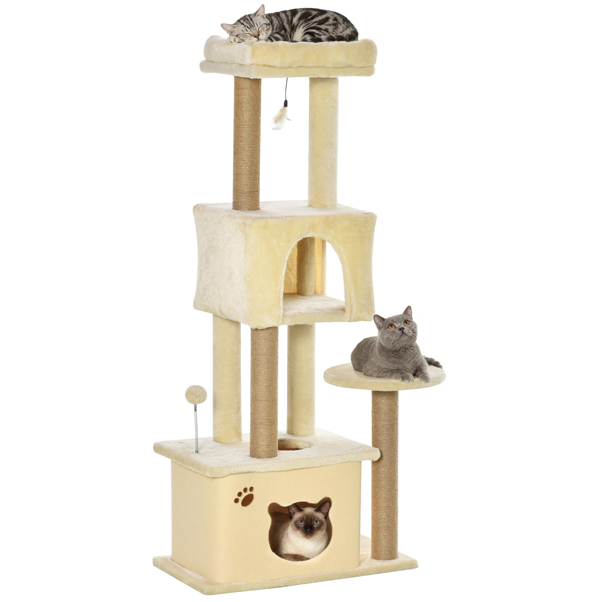 PawHut Árbol Rascador para Gatos Grande 60x34x136 cm Árbol para Gatos con Plataformas Cuevas de Felpa Desmontable Postes de Yute y Bola Colgante Beige