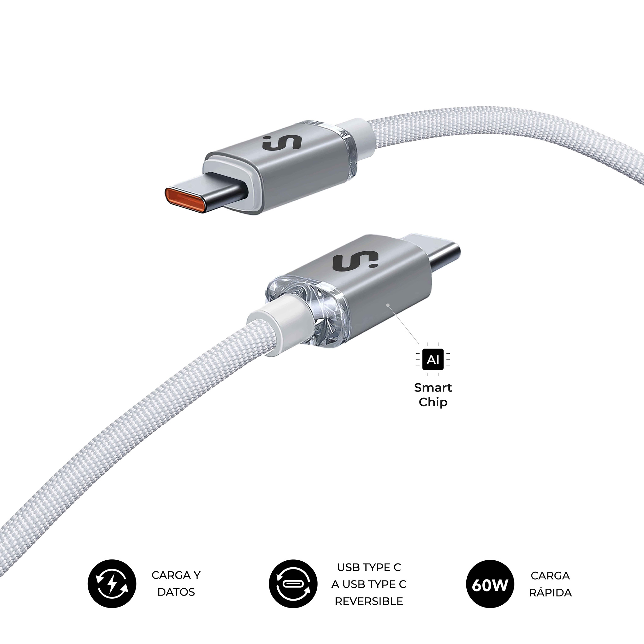 SUBBLIM Cable USB-C a USB-C, 2m, 60W, Nylon Trenzado, Compatible con iPhone/Samsung/MacBook, Blanco