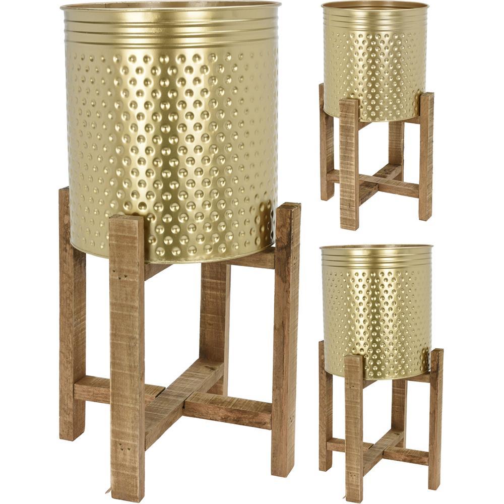 Maceteros dorado pies madera set 2