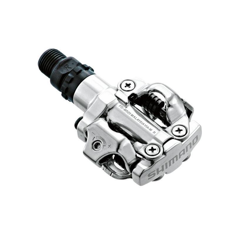Shimano - Pedales M520 SPD Plata con calas SM-SH51 para ciclismo de montaña y carretera, diseño compacto con anclaje abierto fácil, repelencia superior del barro y suciedad, tensión del muelle ajustable