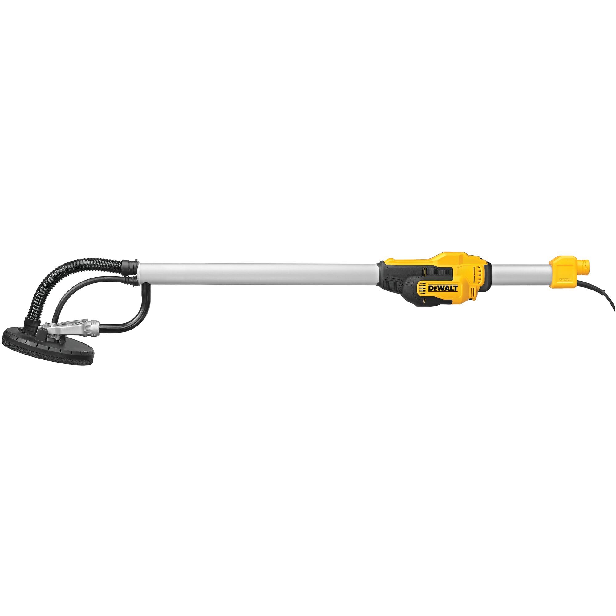DEWALT WALL SANDER 710W DWE7800 with adjustable head, variable speed control 1200-2400 min-1, and hook-and-loop attachment for quick sandpaper changes, perfect for smooth drywall finishing and dust-free work environment.