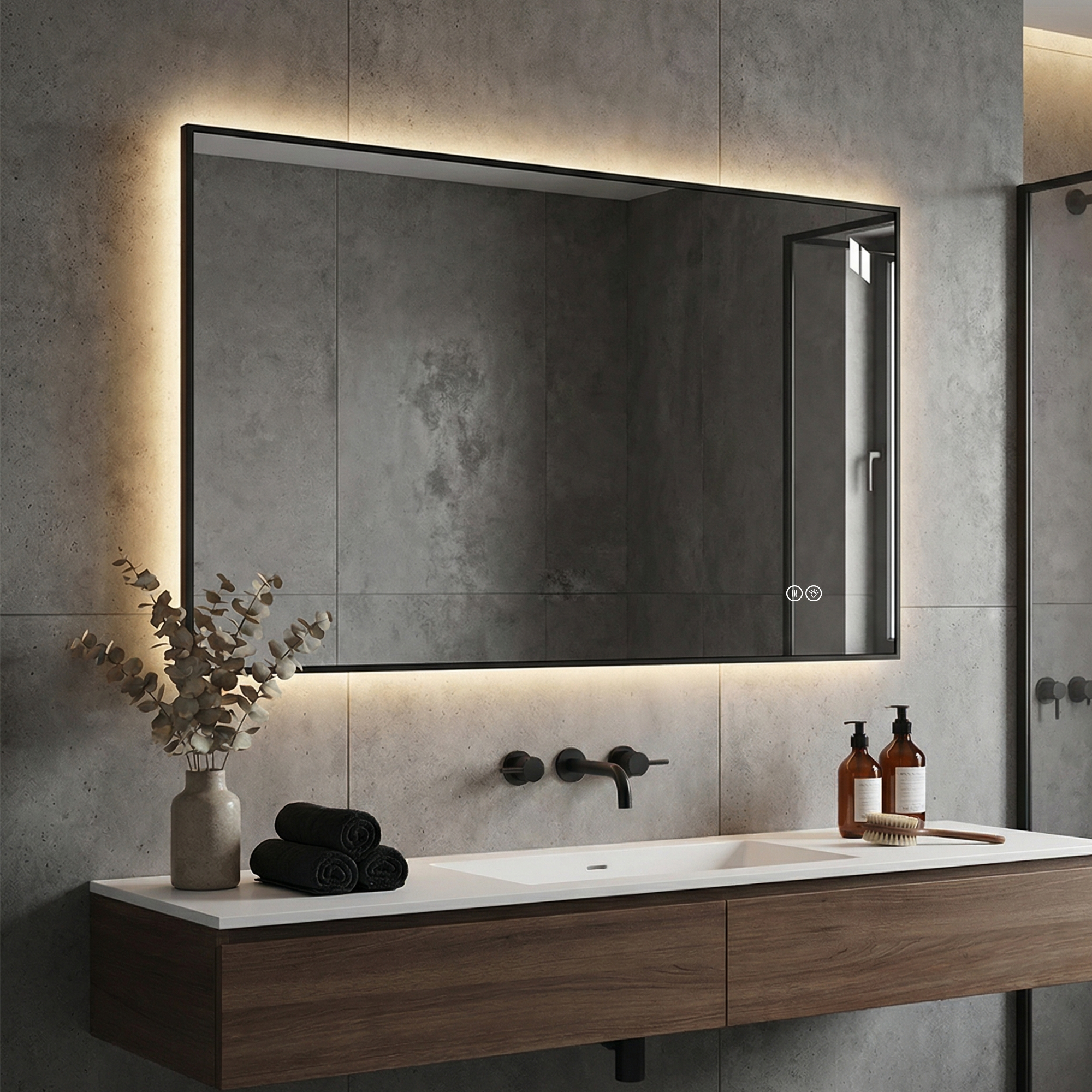 Miroir de salle de bains LED 50 x 70 cm avec cadre en aluminium, fonction antibuée et trois températures de lumière
