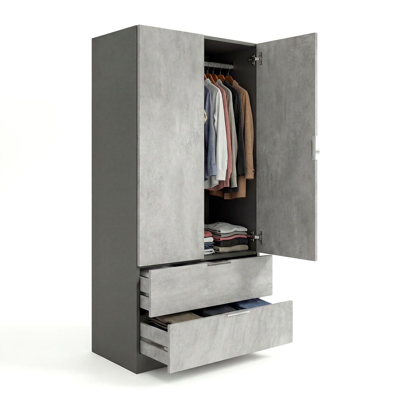 duehome - Armario de 2 puertas y 2 cajones Lark para dormitorio, fabricado en melamina de alta calidad, medidas 81,5x180x52 cm, diseño nórdico moderno con barra colgante y estantes integrados
