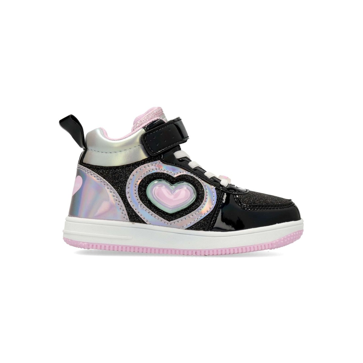 Conguitos - Botines casuales para niña con corazón luminoso y luces LED que se activan al caminar, diseño moderno negro y cómodo para el día a día
