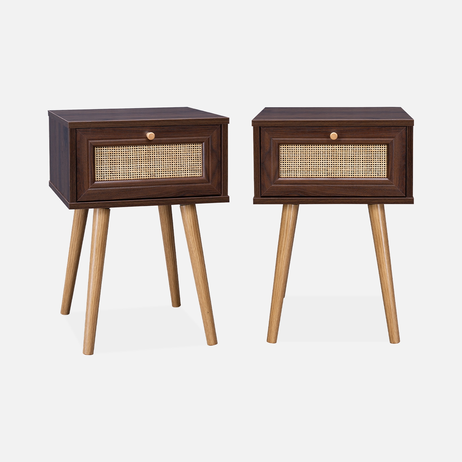 sweeek - Mesita de noche de 1 cajón con efecto madera y caña, set de 2 , Boheme , 39x39x55