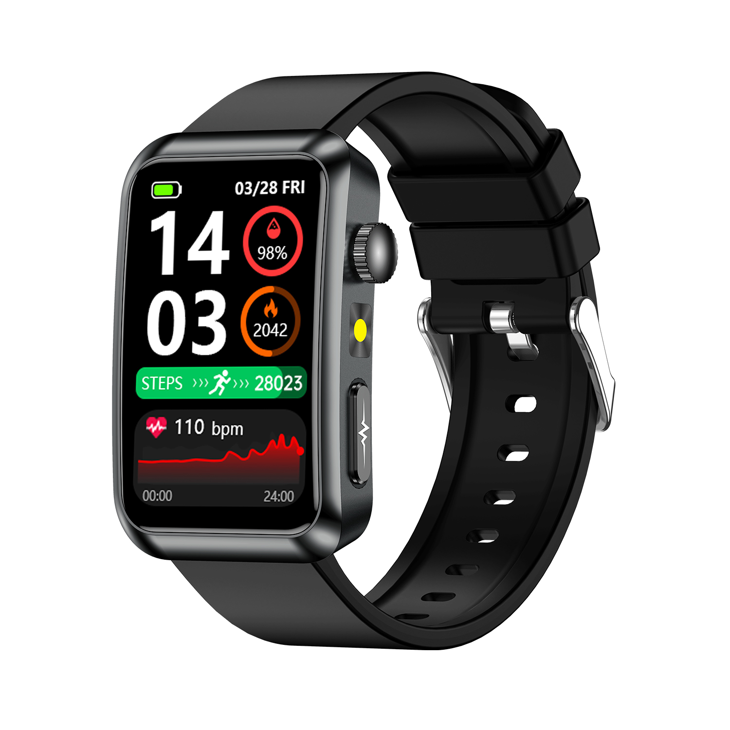 DAM Smartwatch TK77. Llamadas Bluetooth con funciones avanzadas de salud: medición de glucosa, lípidos y ácido úrico, temperatura corporal, ECG, EDA, micro examen físico y composición corporal. 3,3x1,2x4,7 Cm. Color: Negro