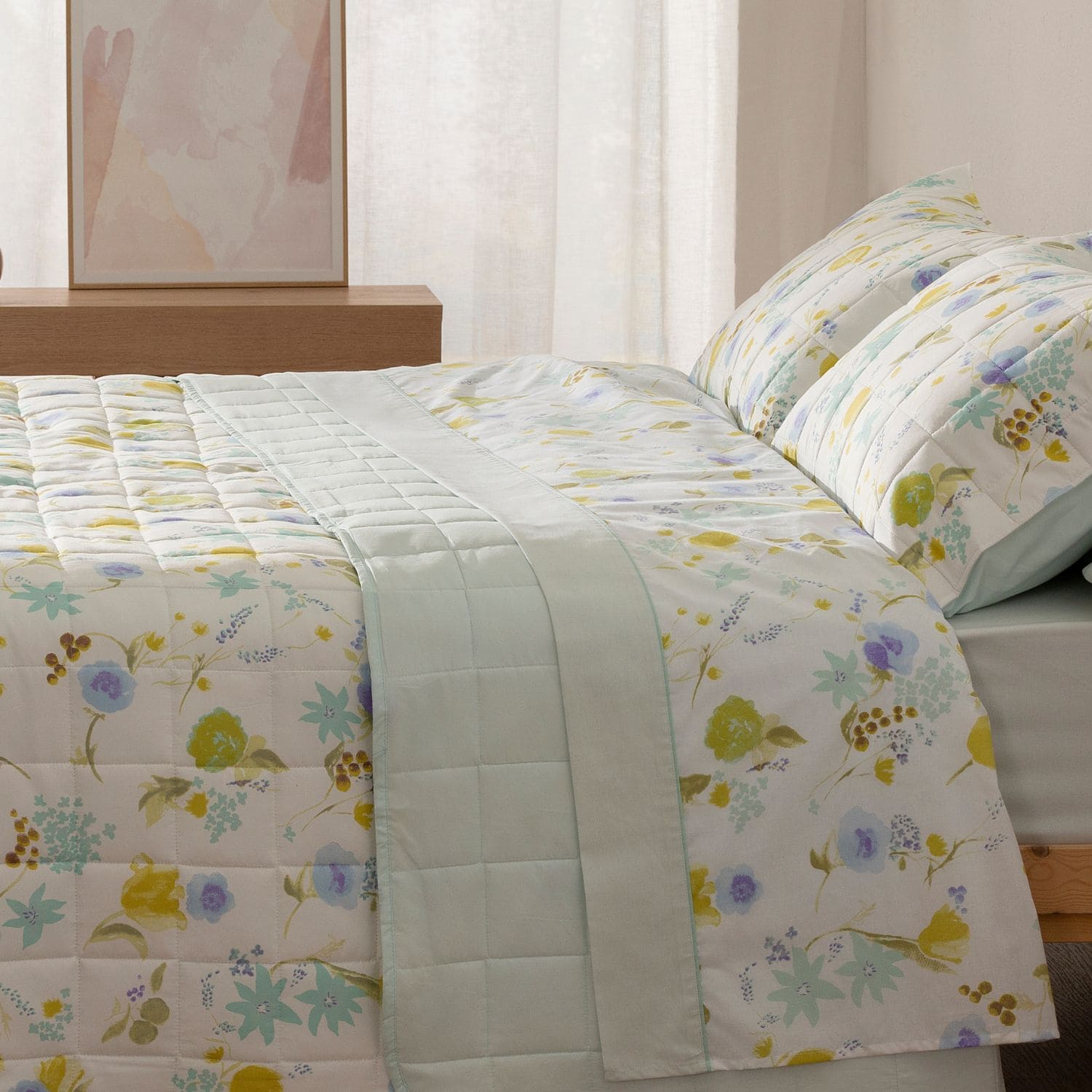 Bouti Floral Primavera Reversible | Juego de Cama con Cojines | Estampado Acuarela Verde y Lavanda | 4 Medidas Disponibles