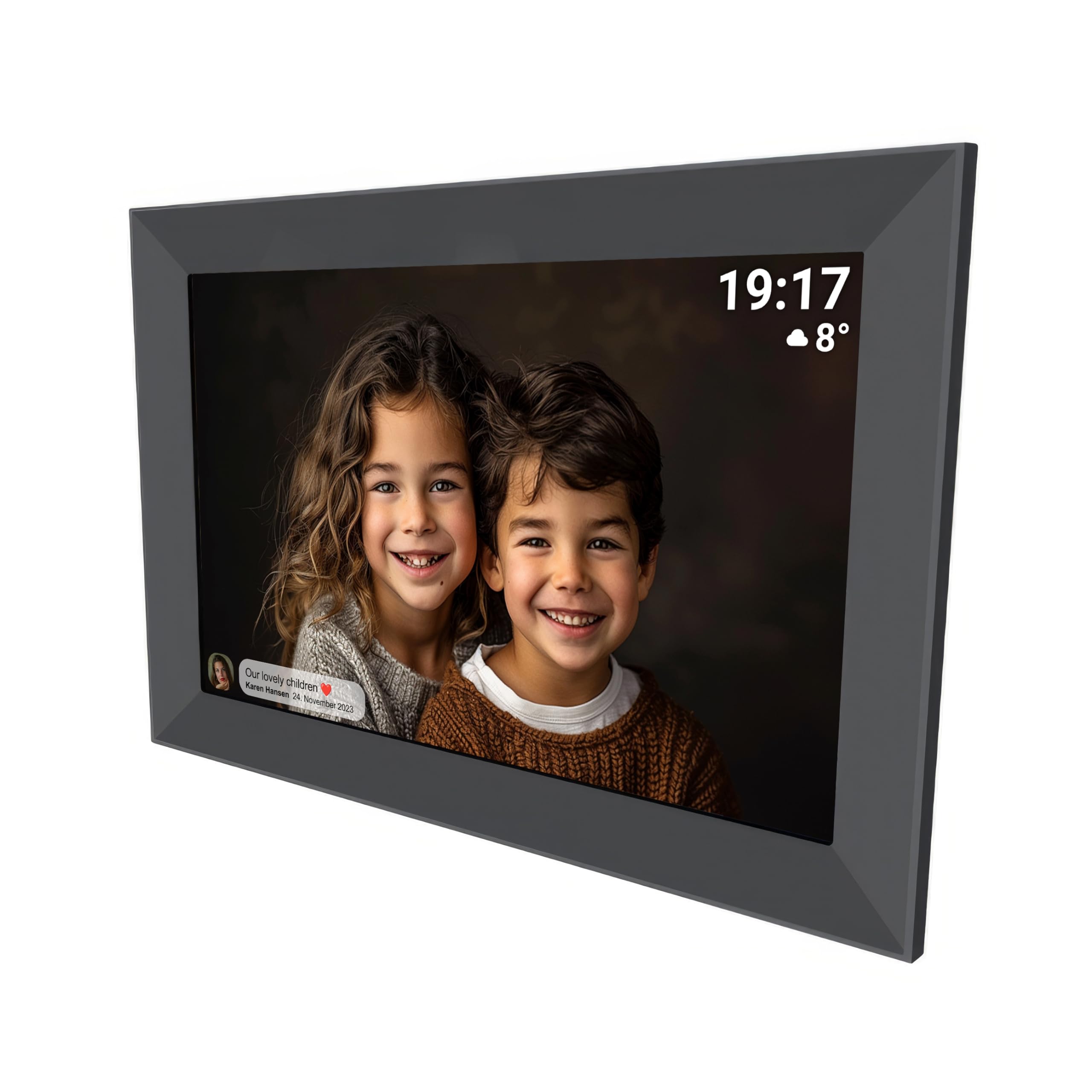 Denver frameo pff-1012 black 10.1 inch digital photo frame with HD IPS touchscreen, Wi-Fi connectivity, and FRAMEO software for easy sharing and customization, perfect for home or office decor.