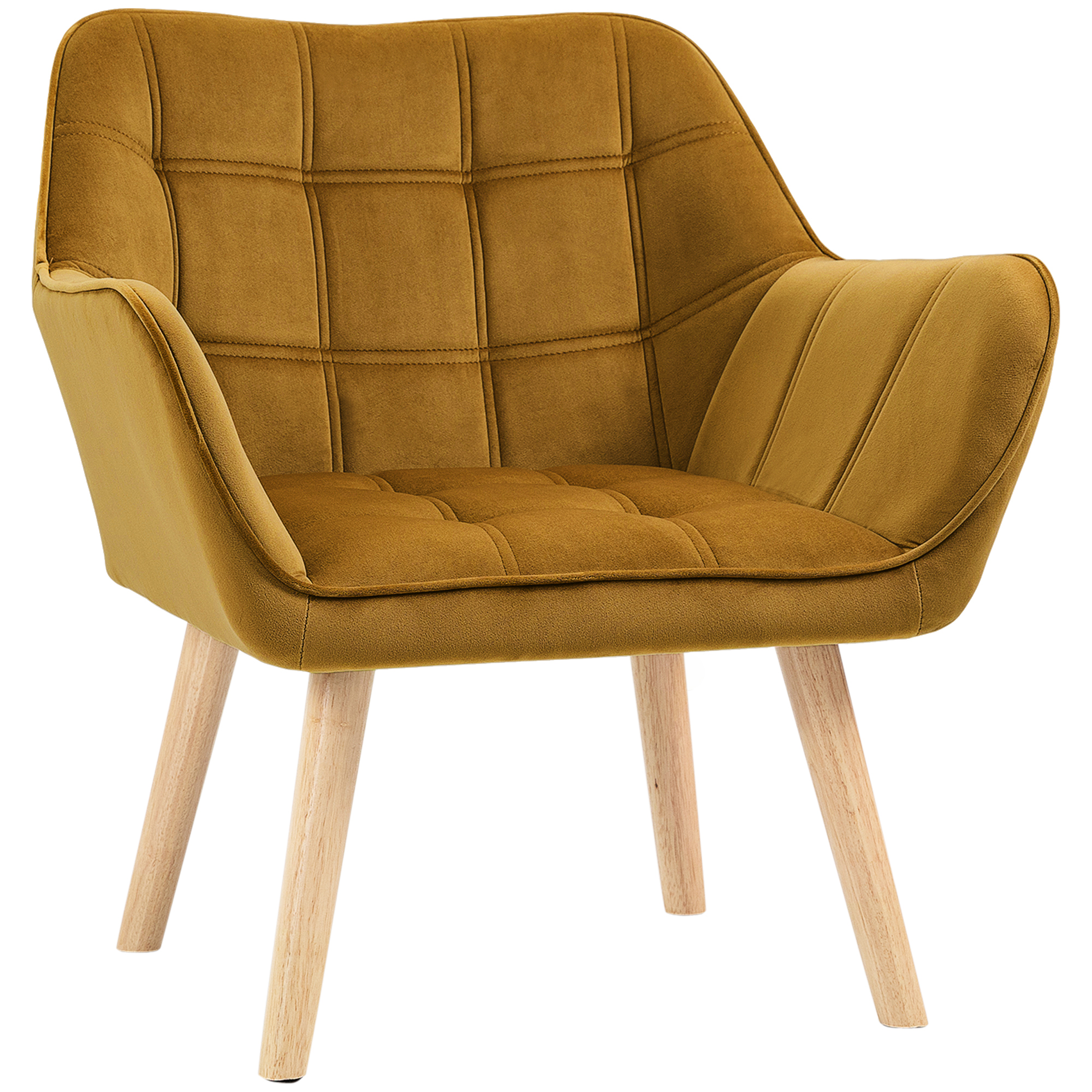 HOMCOM Butaca de Salón Moderna, Sillón Lectura Tapizado en Terciopelo con Asiento Ancho, Patas de Madera, Fácil Montaje, Sillón Relax para Sala de Estar, Dormitorio y Balcón, Amarillo Mostaza