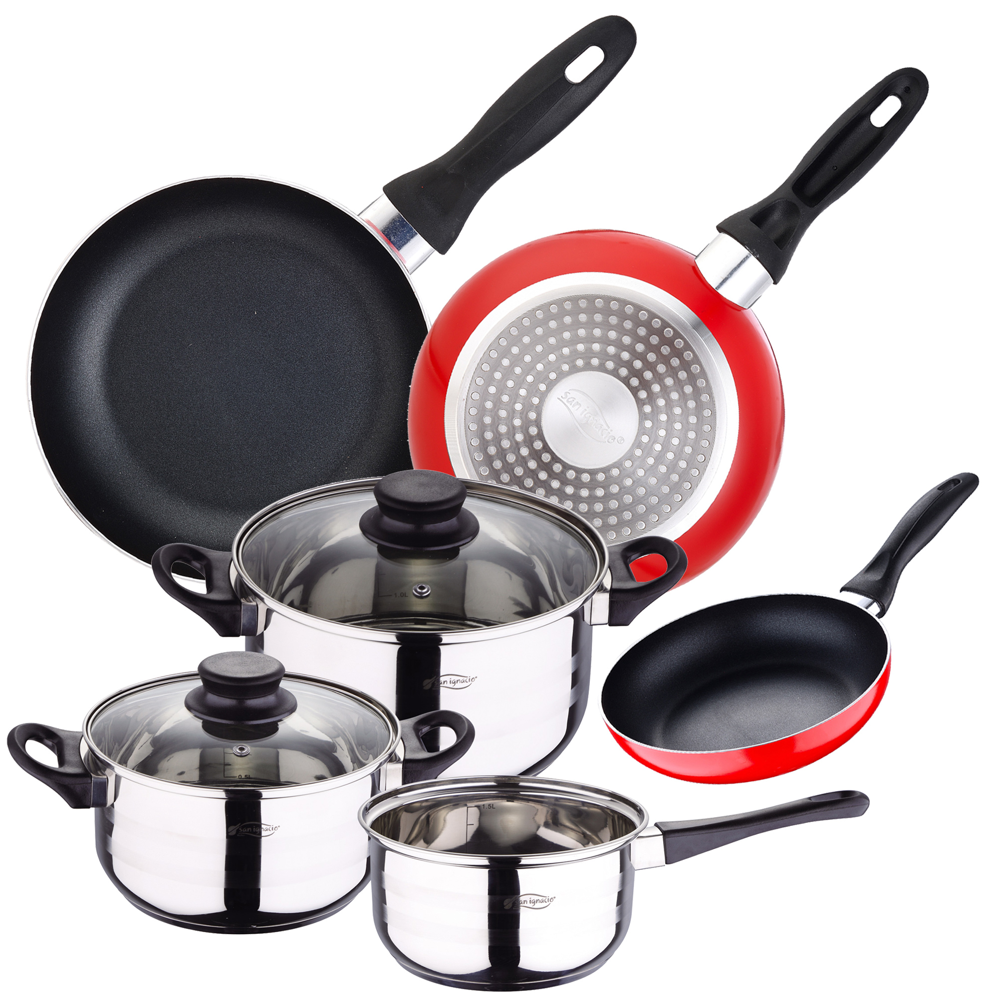 Batería de cocina de 5 piezas acero inoxidable + juego de 3 sartenes (16/20/24 cm) SAN IGNACIO en aluminio prensado