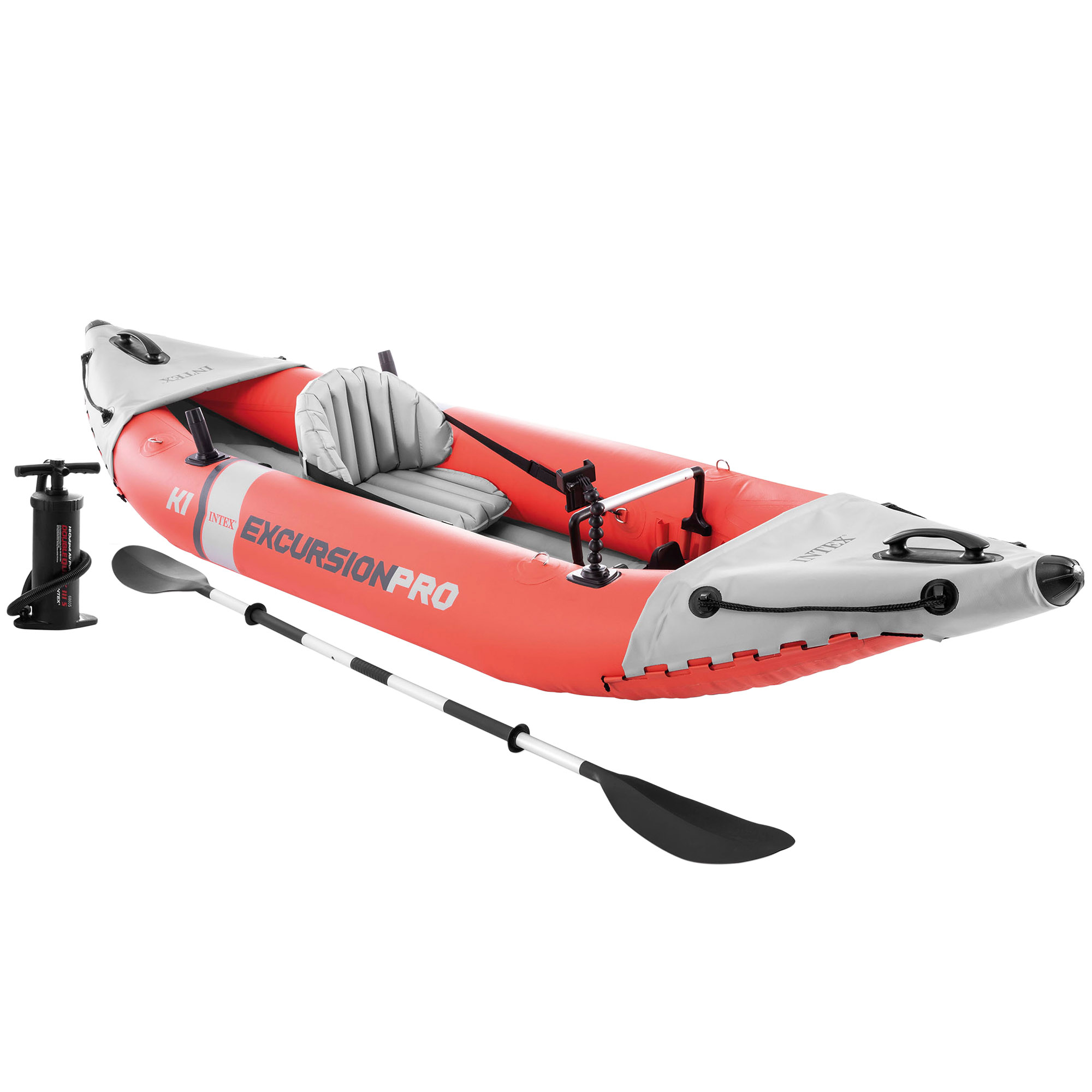 Intex - INTEX - Kayak hinchable Excursion Pro K1 o K2, 1 o 2 personas, de vinilo resistente, con 2 quillas, 2 soportes para caña de pesca, incluye remo e hinchador, asiento, respaldo y suelo hinchables, diseño rojo y gris, con bolsa transporte, kayaks hinchables