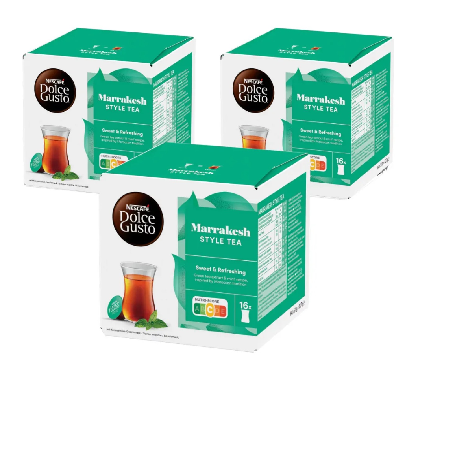 NESCAFÉ Dolce Gusto Té Marrakesh - Cápsulas de Café, 48 Cápsulas (3 x 16) - Té verde de menta - Originales para cafeteras Dolce Gusto ,con aroma de té verde y menta, inspirado en la cásica receta de Marruecos. ¡Descubre el Té Marrakesh!