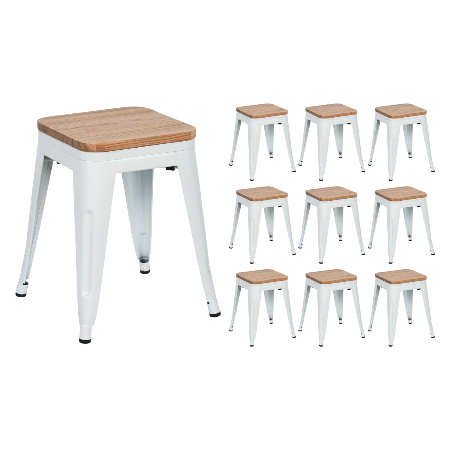 Pack 10 Taburetes Bajos Industriales Apilables de Acero y Madera 38x38x46cm Thinia Home