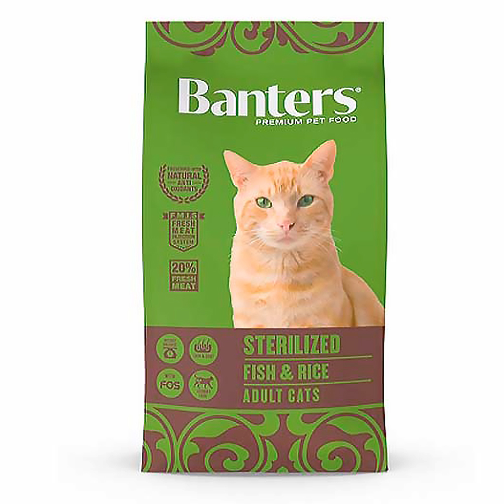 BANTERS Gatos Esterilizados, 2kg, 8kg, Pienso Natural para Felinos Castrados con Pescado y Arroz