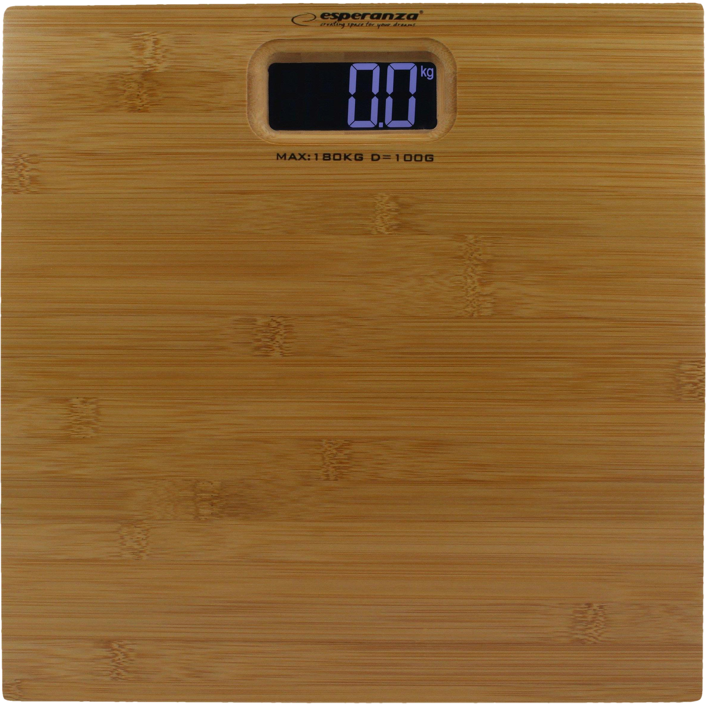 Digital Bamboo Bathroom Scale EBS012 by Esperanza, equipped with four high-precision DMS sensors, weighing capacity of 180 kg / 396 lb, powered by 1 CR2032 lithium battery, ideal for accurate body weight measurement.