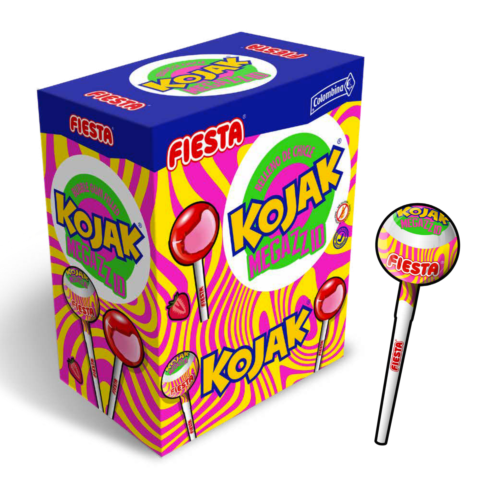 Kojak Fiesta - Caja 100 Kojak - Sabores: Cereza - Cola - Helado - Power - Sandia - Pop Corn. Chupa Chup Kojak Relleno de Chicle