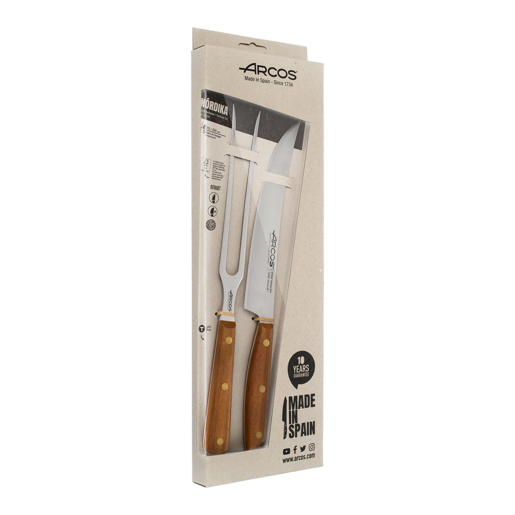 Arcos Utensilios Barbacoa - Cuchillo 200 mm y Tenedor 215 mm, Acero Inoxidable NITRUM, Mango Madera Ovengkol FSC, Set 2 Piezas, Embalaje Reciclado, Serie Nordika