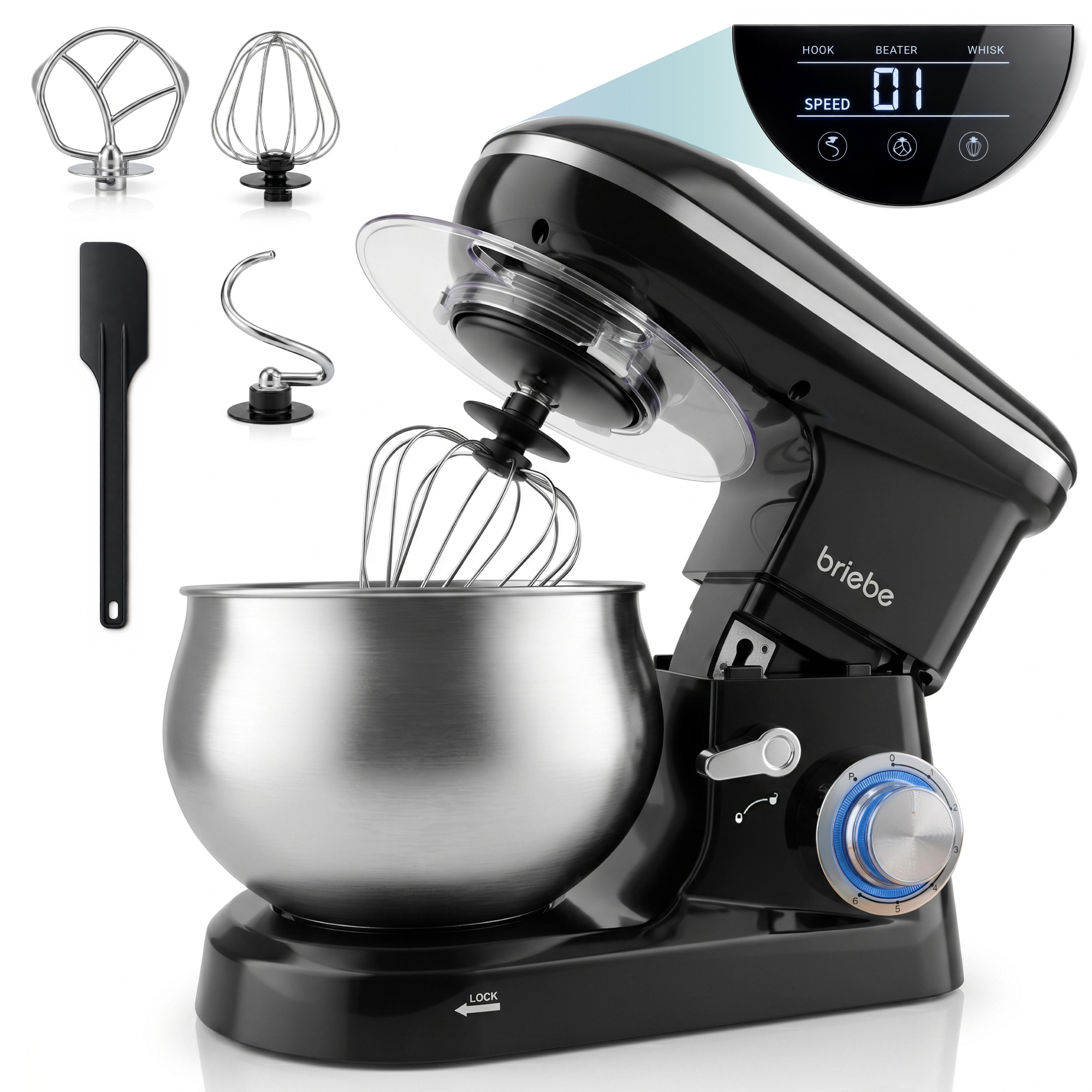 Briebe KM1164B Batidora Amasadora Repostería Profesional 5L+ Báscula Cocina 6 Velocidades + Pulso Pantalla LED, 1800W, Negro