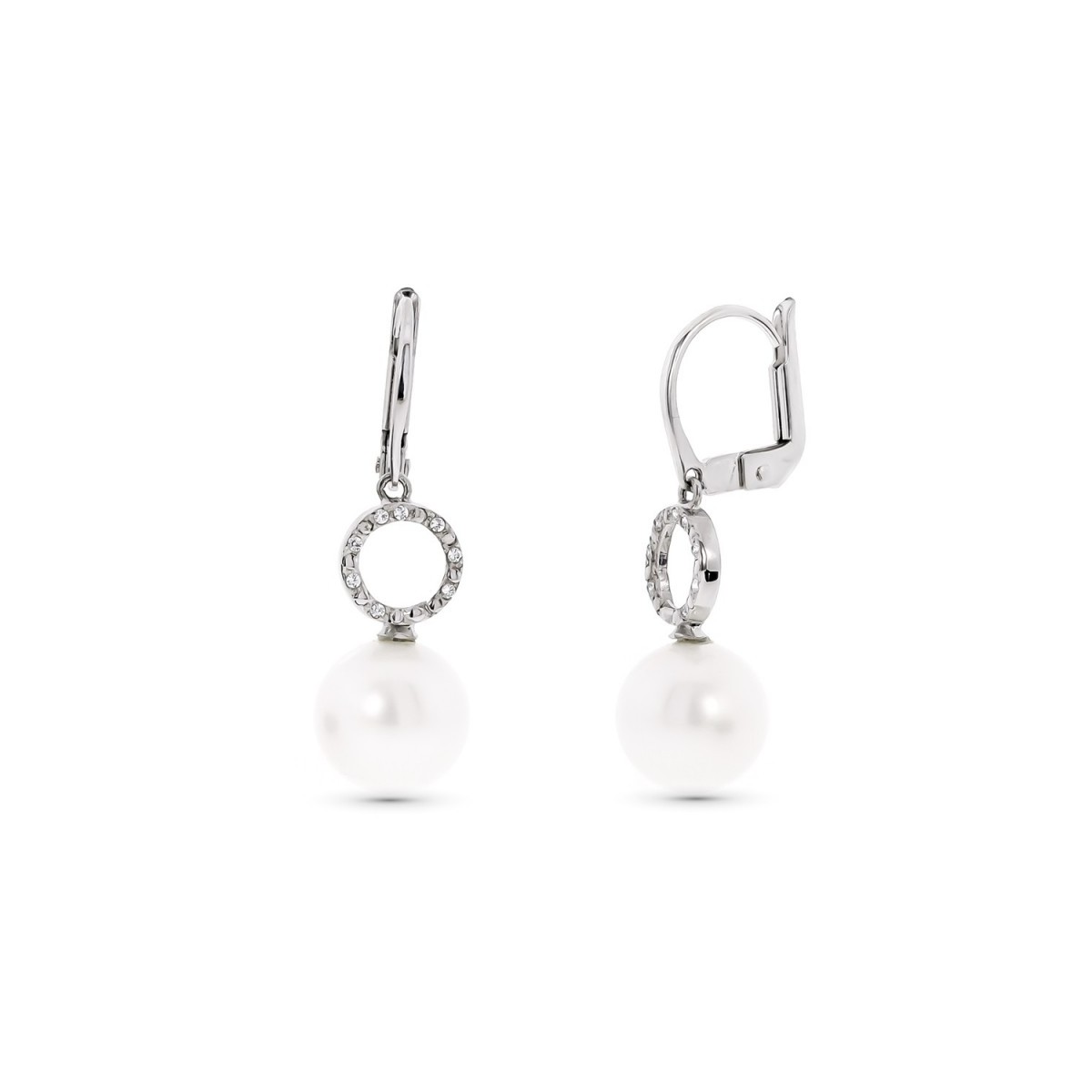 Pendientes oro blanco 18k mujer largos círculo calado combinado perlas 9 mm. cierre palillo catalán