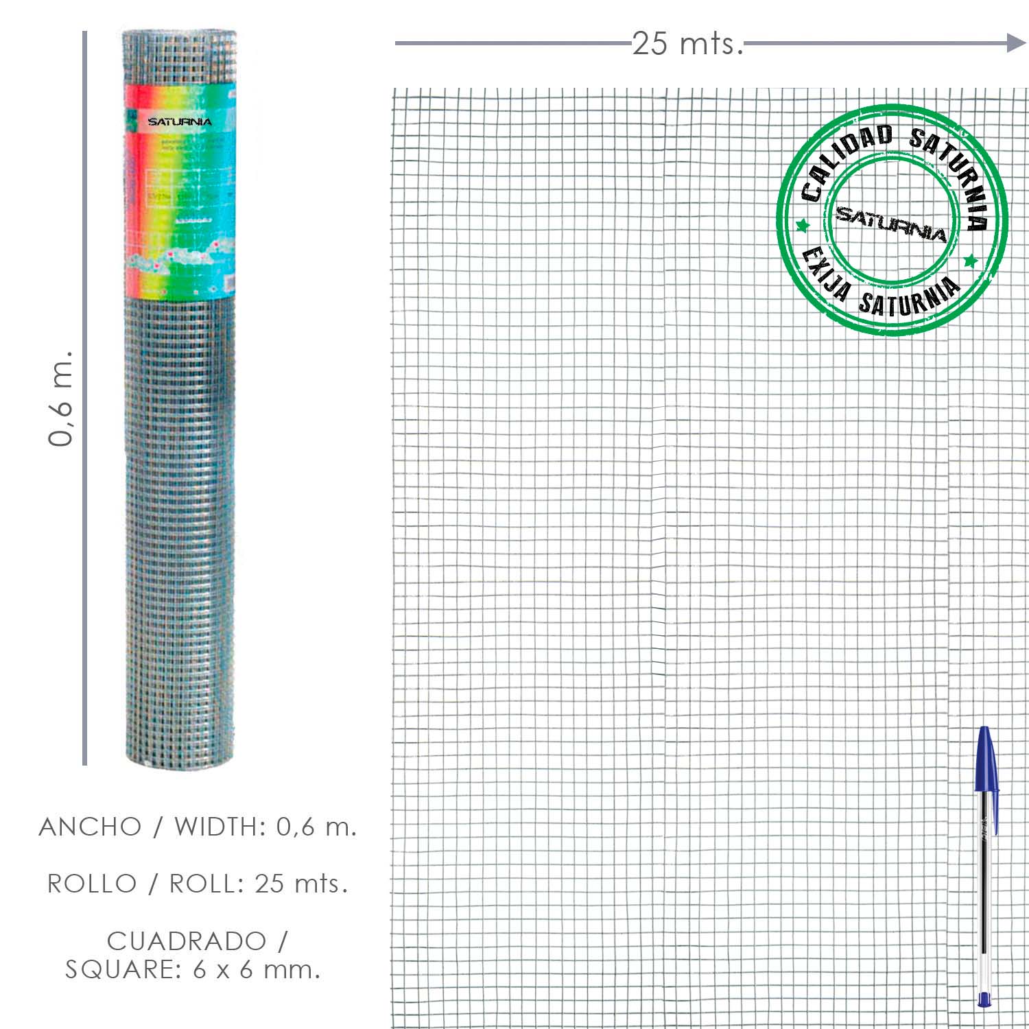 SANCO STORE - SATURNIA Malla Electrosoldada Galvanizada 6x6 / 60 cm. Rollo 25 Metros Uso Domestico