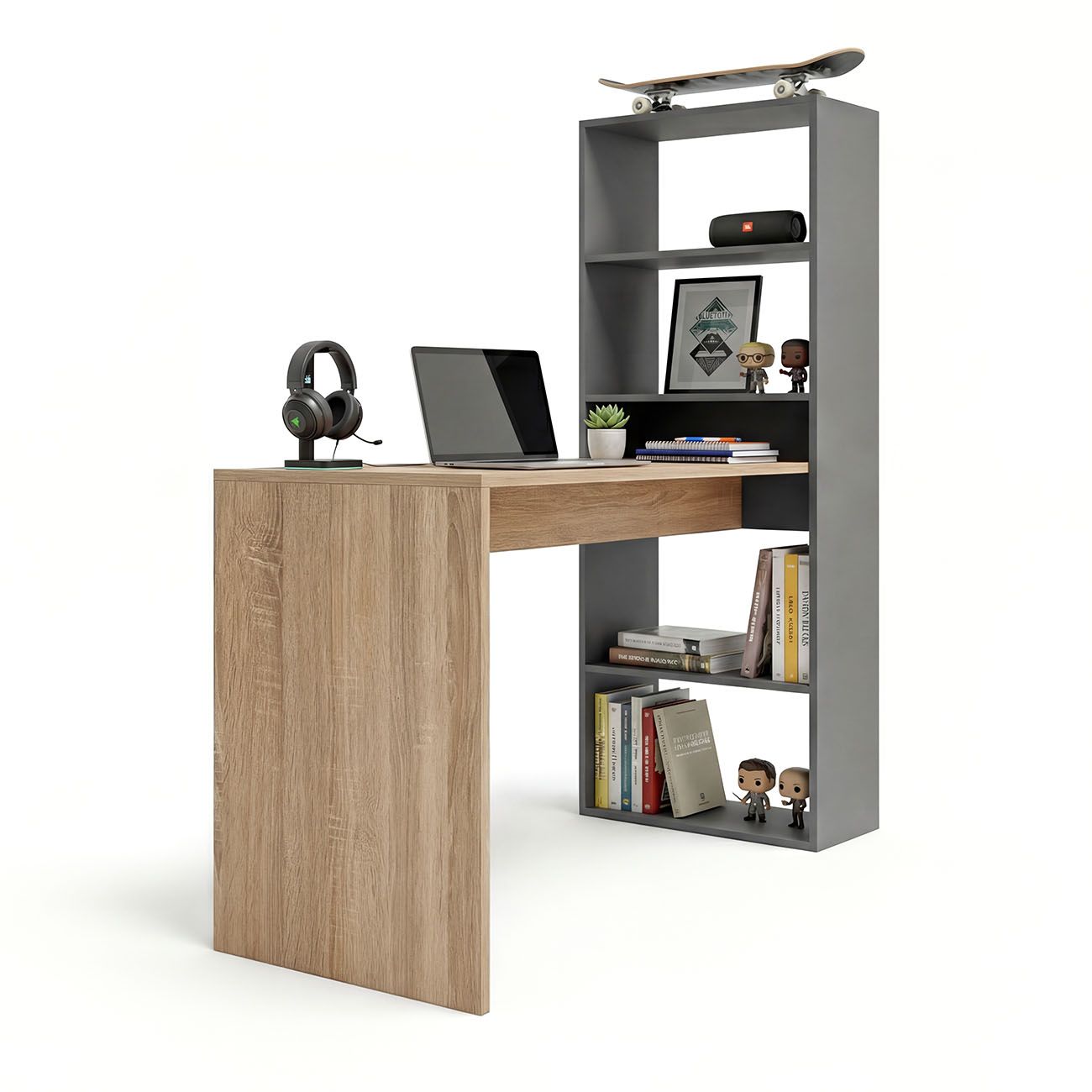 duehome - Escritorio Cosmic con estantería integrada 120x50 cm, fabricado en melamina premium resistente a bacterias, fácil limpieza y montaje sencillo, perfecto para espacios reducidos y trabajo remoto
