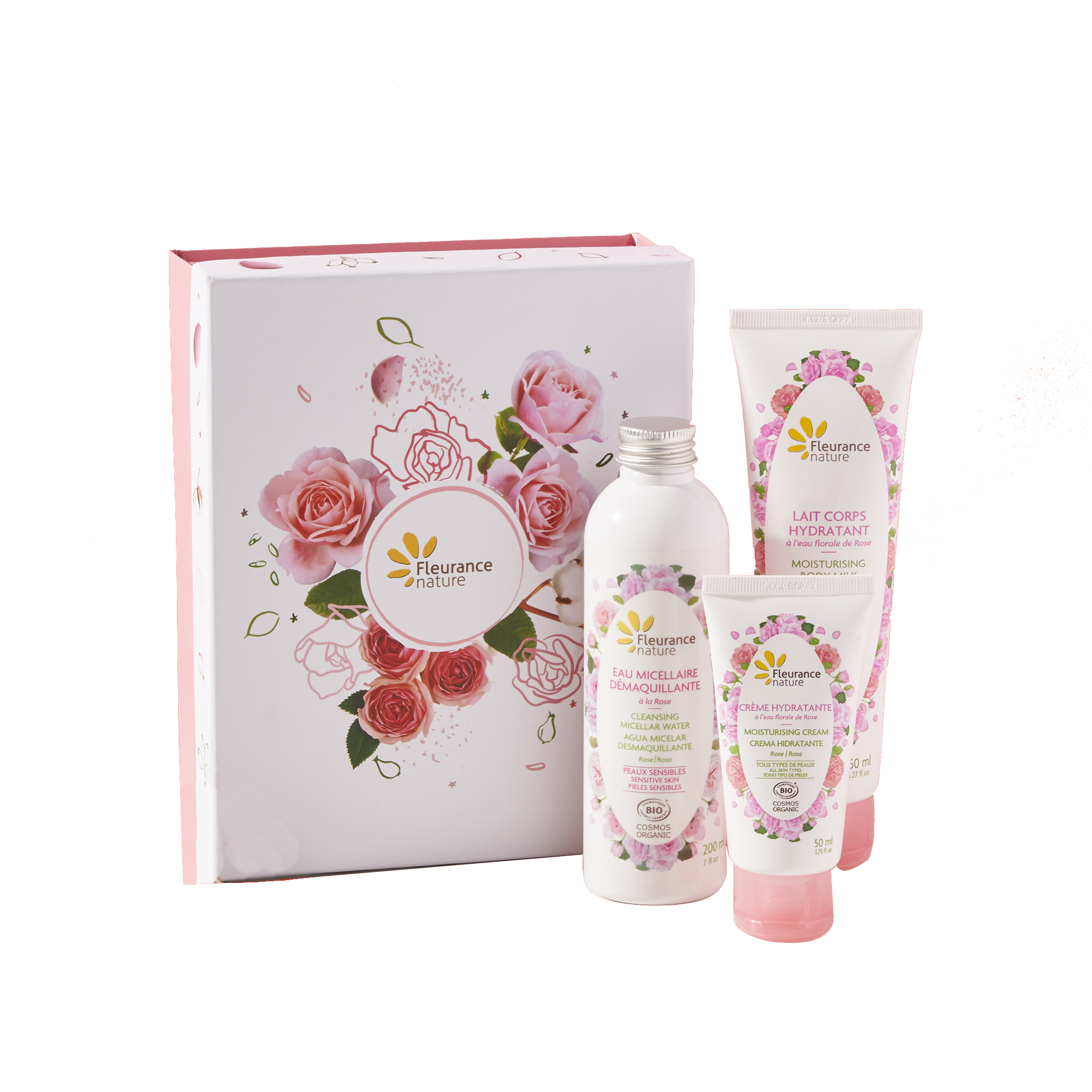 Cofre rosa: leche corporal hidratante 200ml + agua micelar desmaquillante 150ml + crema hidratante 50ml 1 unidad Fleurance Nature