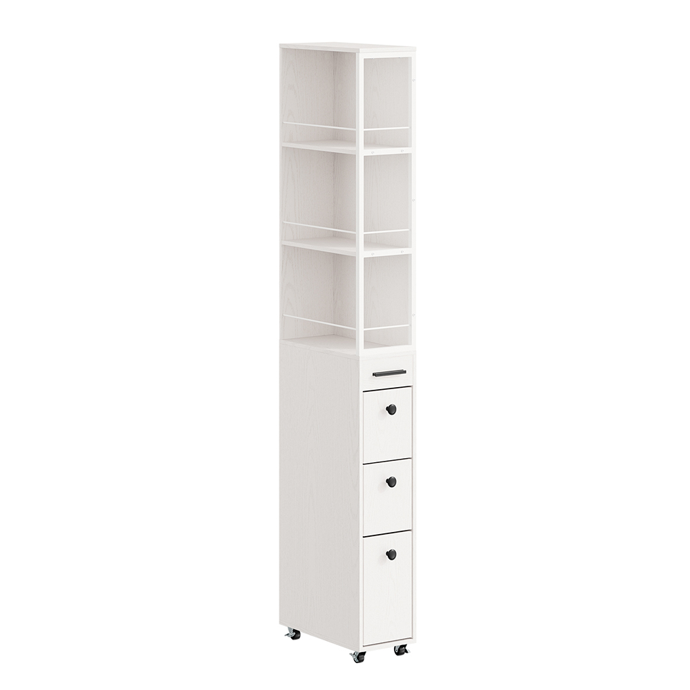 SoBuy Mueble estrecho con 4 cajones y estantería abierta, aglomerado blanco crema, 40×20×170 cm