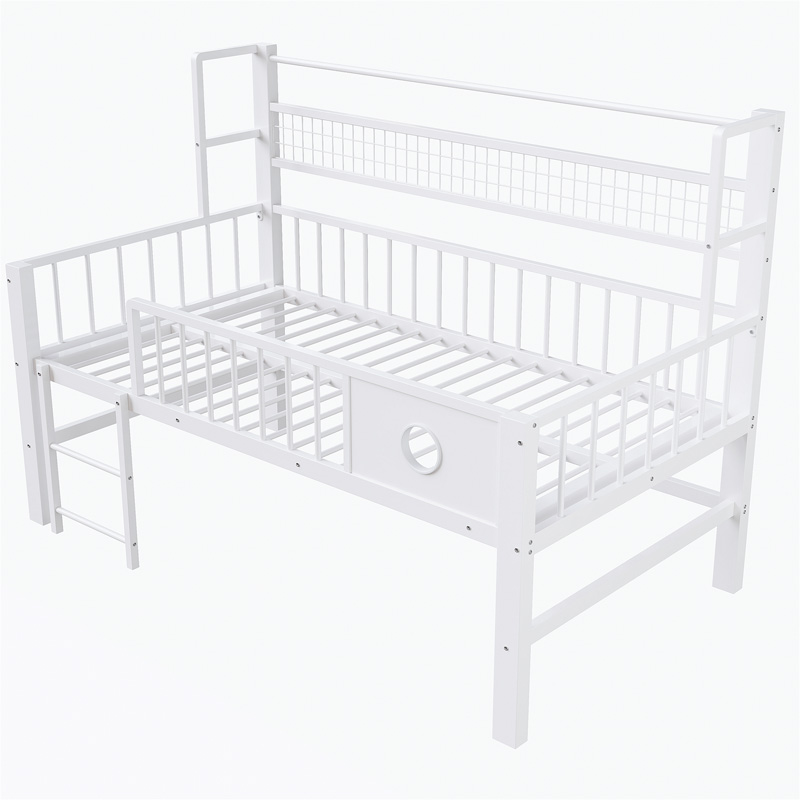 Lit mezzanine bas enfant 90 x 200 cm blanc en métal avec rangements, penderie et tablette en maille