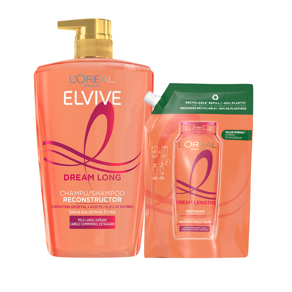 LORÉAL PARIS | Rutina Elvive Dream Long Champú_ Acondicionador_ Mascarilla o Sérum Reconstructor Para Pelo Largo y Dañado