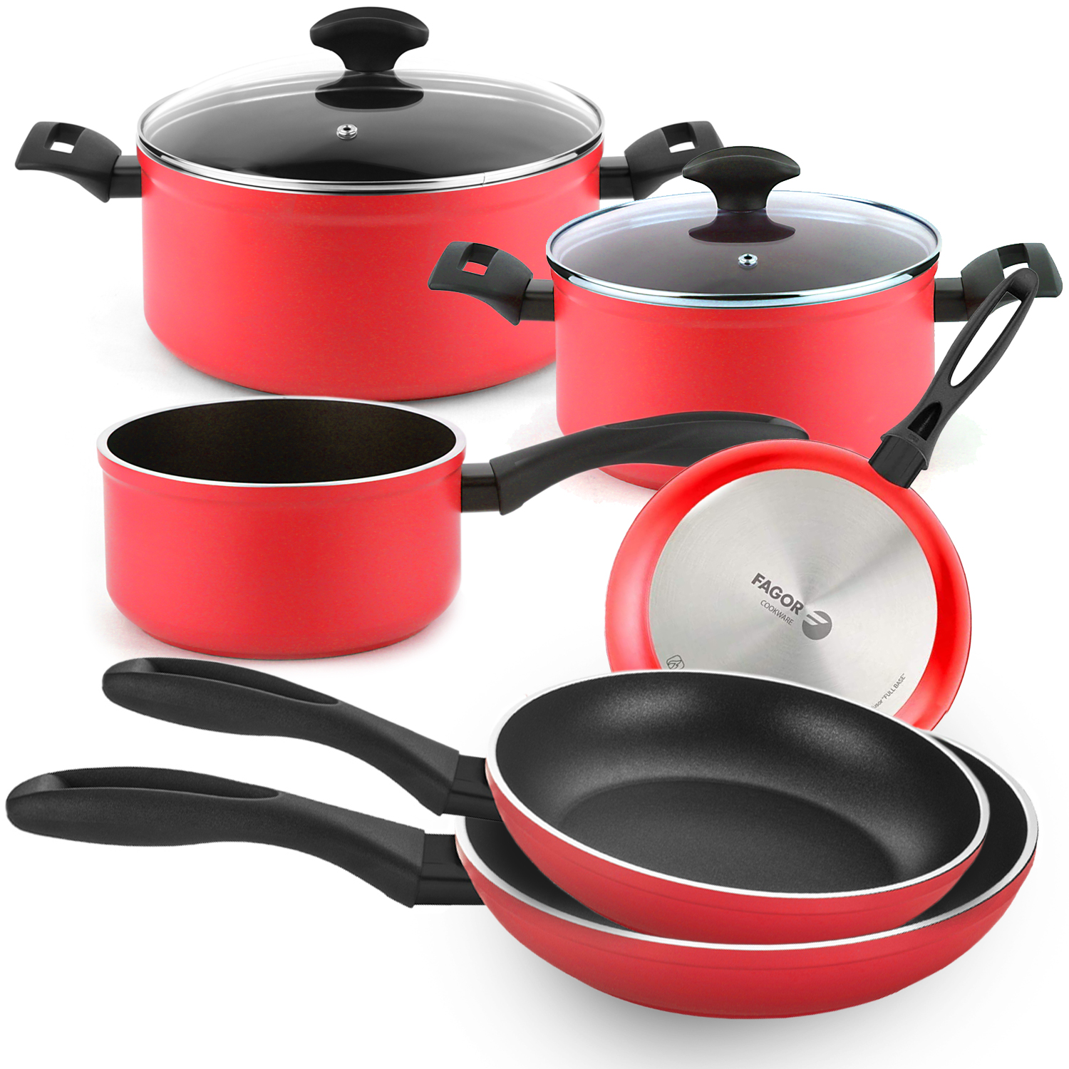 Fagor Maxima - Bateria Cocina Roja 8 Piezas, 2 Cazuelas, 2 Tapas Cristal, 3 Sartenes y un Cazo, Aluminio Forjado, Antiadherente Bicapa, Libre de PFOA