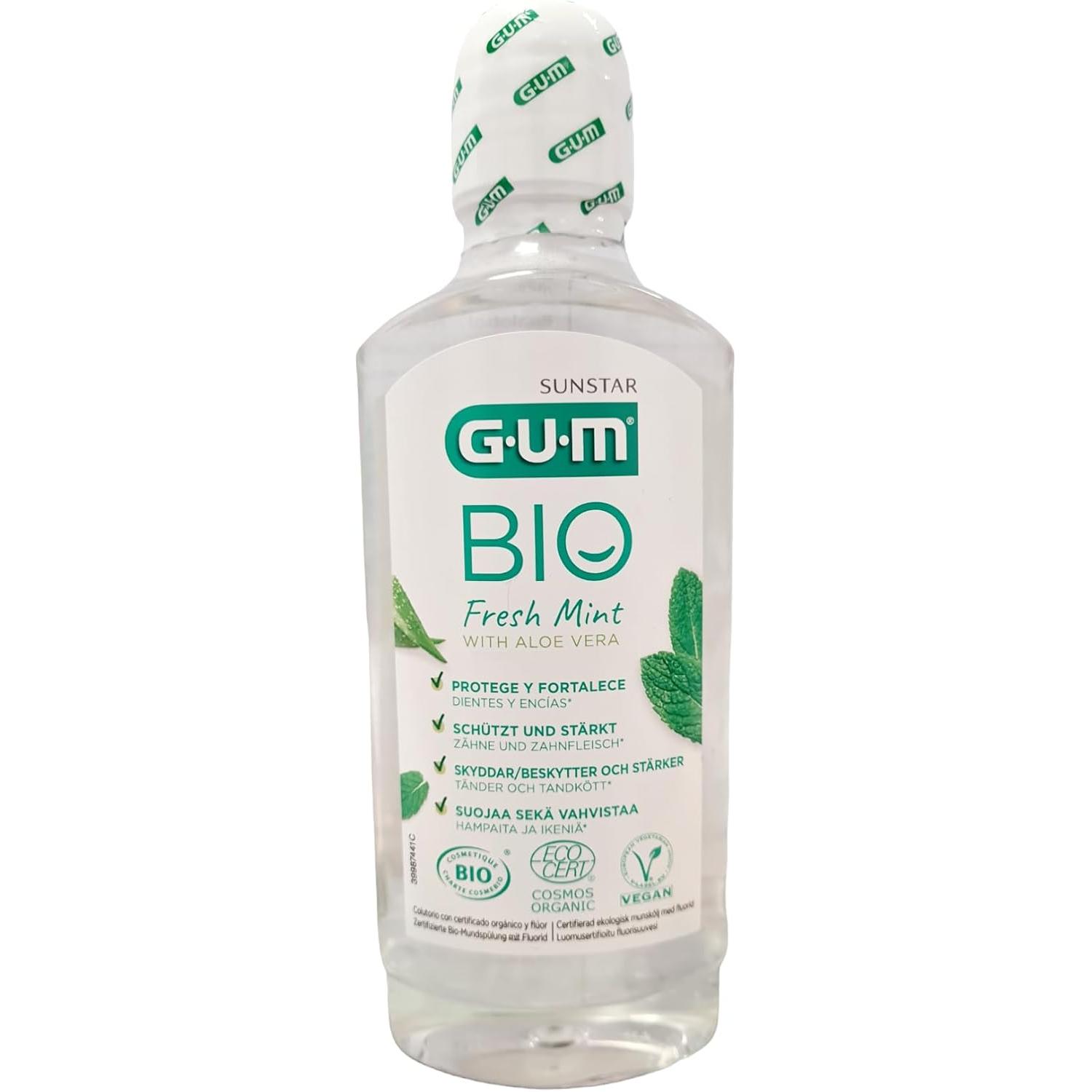 SUNSTAR GUM Colutorio GUM BIO fórmula orgánica 500ml [ Menta orgánica] [sin alcohol] [Con Aloe Vera que protege tus encias] [refrescante sabor] [Certificado orgánico y vegano]