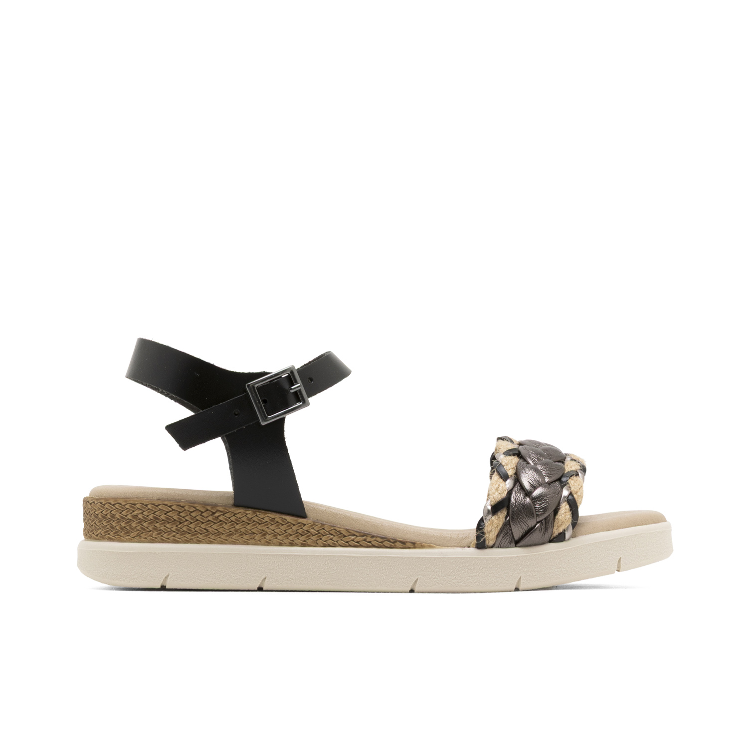 Sandalia Cuña de Piel Flavia Negro - Estilo y Comodidad: Cuña de 4 cm con Plataforma, Plantilla Acolchada, Suela Antideslizante para Mayor Estabilidad, Adorno Metalizado en Pala, Cierre Ajustable con