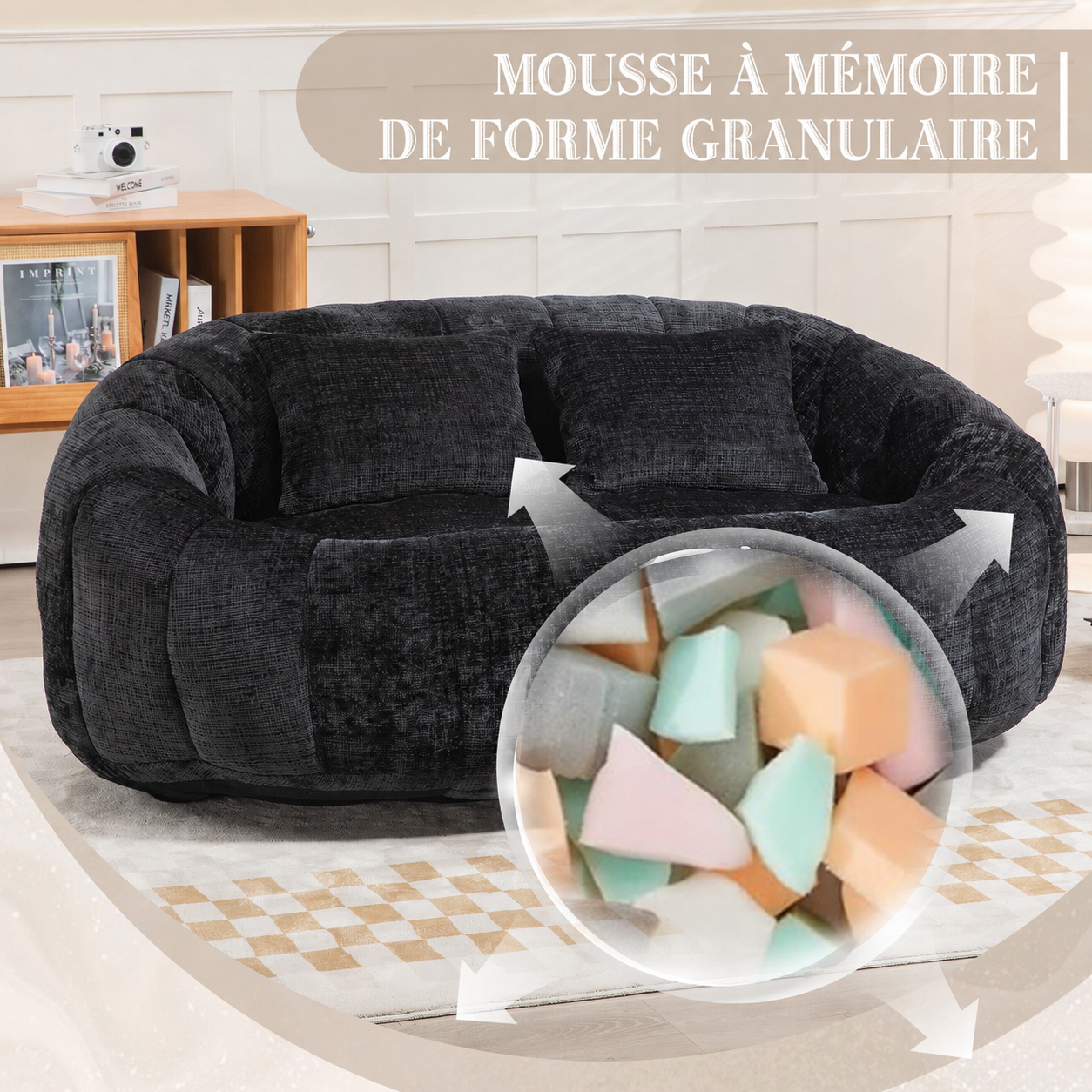 Fauteuil lounge noir en chenille, pouf canapé paresseux avec rembourrage en mousse haute densité