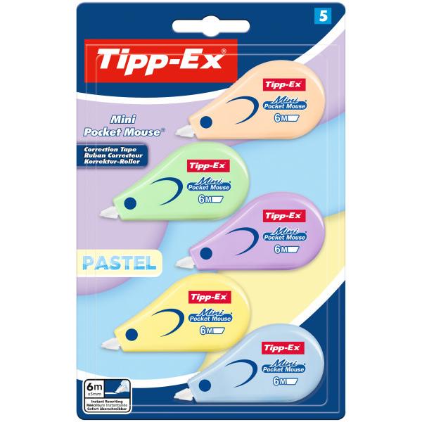 Tipp-ex mini pocket mouse pastel pack con 5 cintas correctoras 5mm x 6m - resistente - escritura instantanea