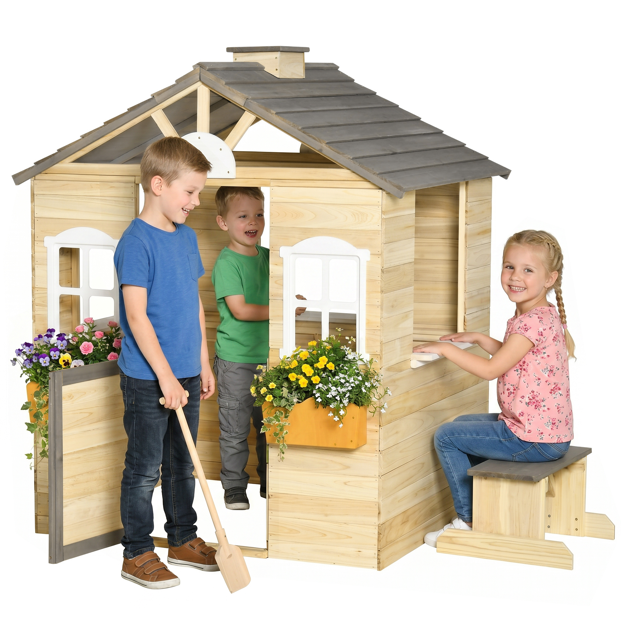 Outsunny Casa de Jardín Infantil de Madera Casa de Juegos Exterior para Niños de 3 -7 Años con Ventanas 2 Jardineras y 1 Banco 113x94x134,5 cm Natural