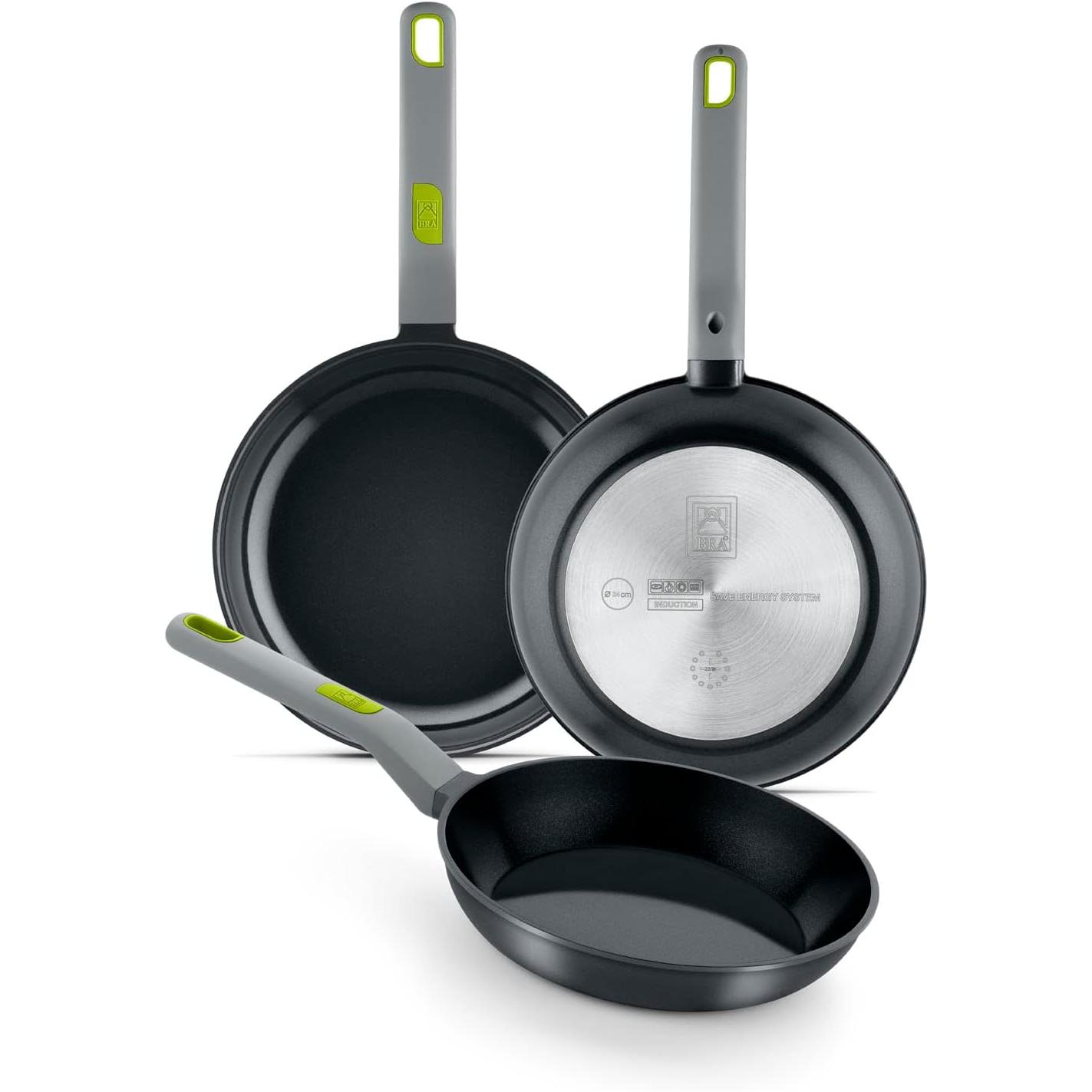 BRA - Set Sartenes Life, Lote 20, 24 y 28 cm, Aluminio Fundido 100% Reciclado, Antiadherente, Cerámico Reforzado sin PFOA sin PTFE, Todo Tipo de Cocinas e Inducción