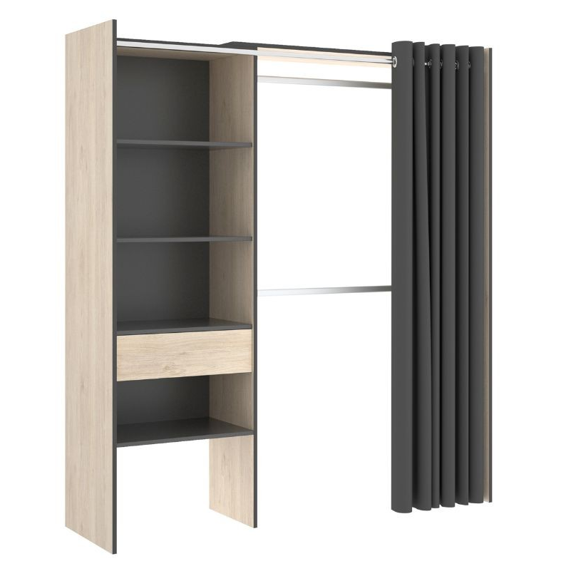 MOBELCENTER - Armario Vestidor Reversible con Cajón, Cortina, 2 Barras, 4 Estantes y 1 Cajón - Natural y Grafito - 160-110cm x 50cm x 205cm (1340)