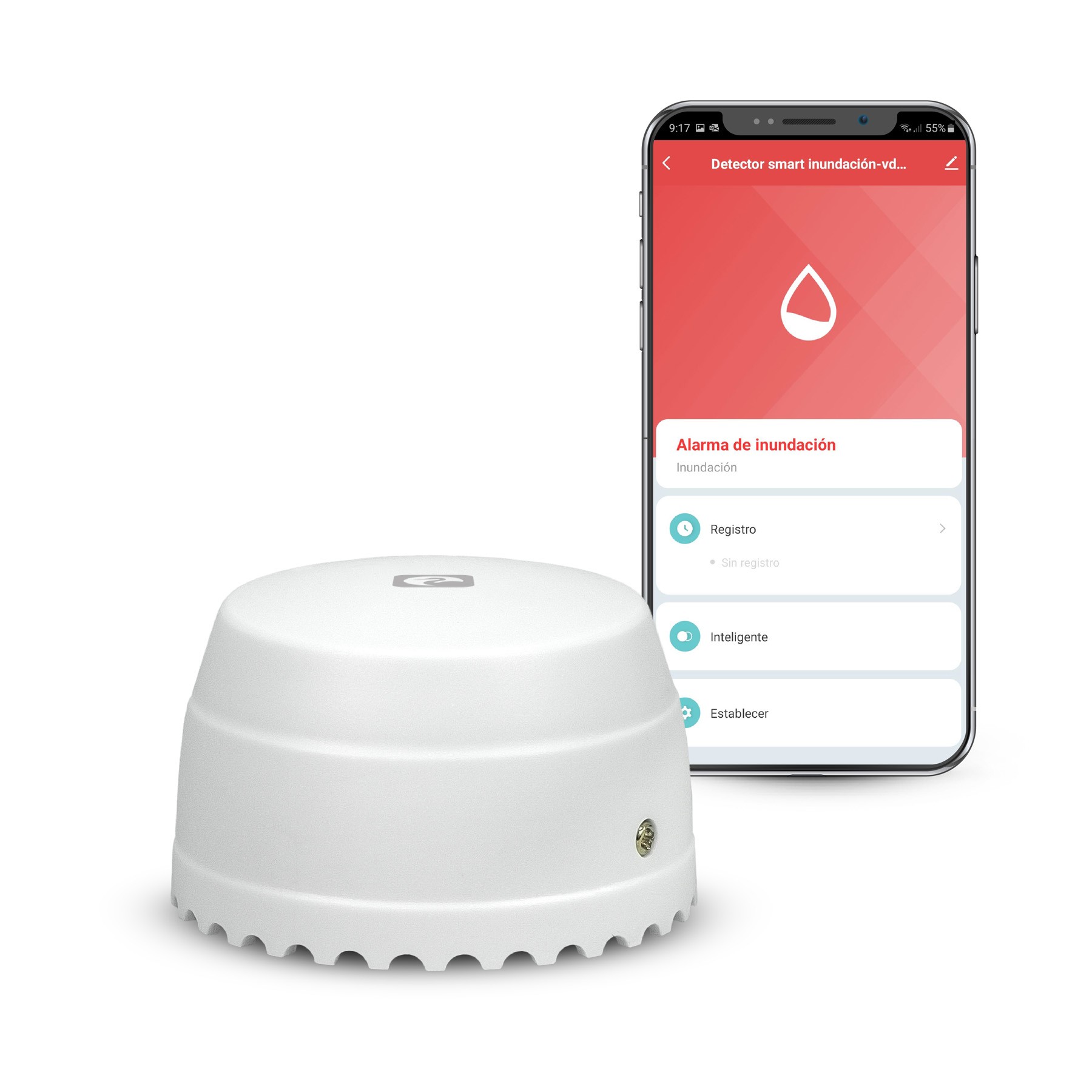 Detector de Inundaciones con Alarma 55DB Inteligente Smart WIFI App Garza con Notificaciones en la App