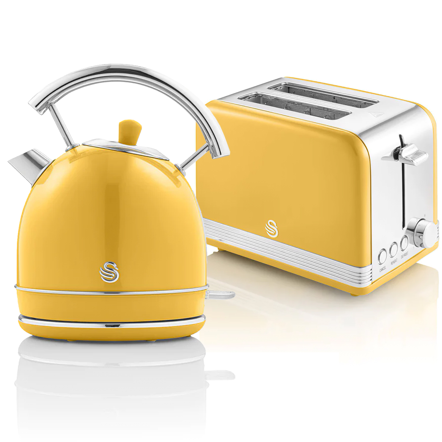 SWAN STP7050YELNEU Retro Set Desayuno Hervidor de Agua 1,8 L Inalámbrico, Tostadora 2 Rebanadas Anchas, Vintage, 850W, Amarillo