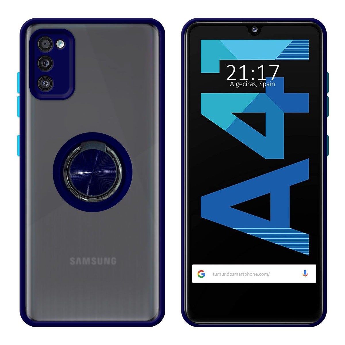 Tumundosmartphone Funda Mate con Borde Azul y Anillo Giratorio 360 para Samsung Galaxy A41