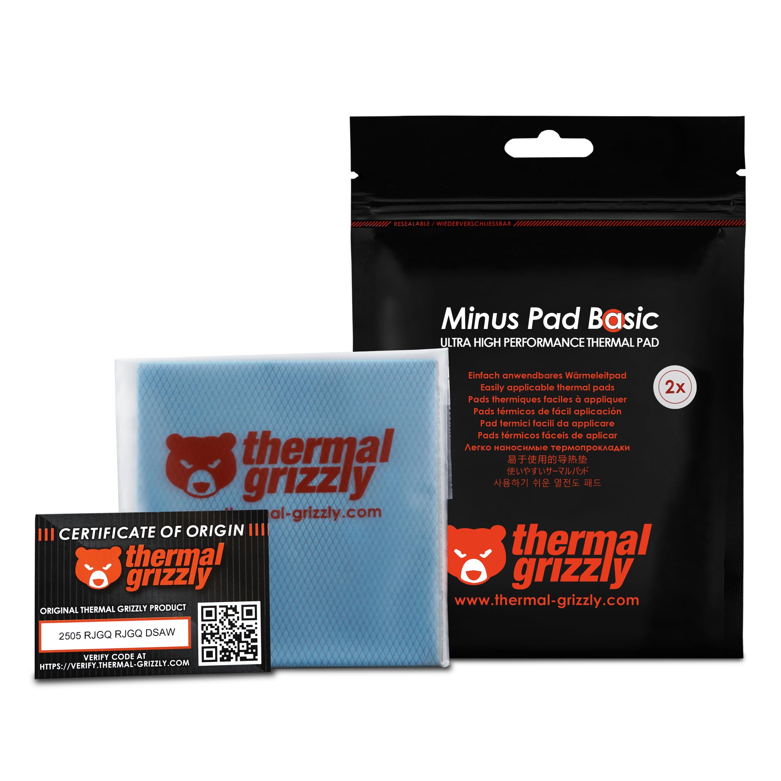 Thermal Grizzly Minus Pad Basic - Paquete de 2 almohadillas de interfaz térmica, 100 x 100 x 2.0 mm, eléctricamente no conductiva, alta conductividad térmica y compresibilidad para SSD, GPU y