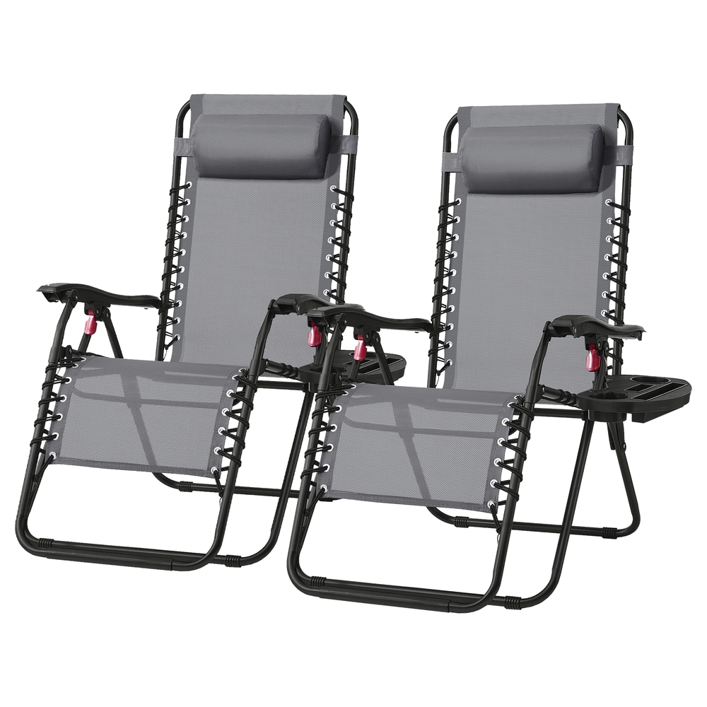 SONGMICS Juego de 2 Tumbonas Plegables, Sillas de Gravedad Cero, Tumbonas Reclinables, Carga de 110 kg por Silla, Reposacabezas Ajustable, Bandeja, para Terraza, Jardín, Gris Oscuro/Negro/Azul Oscuro