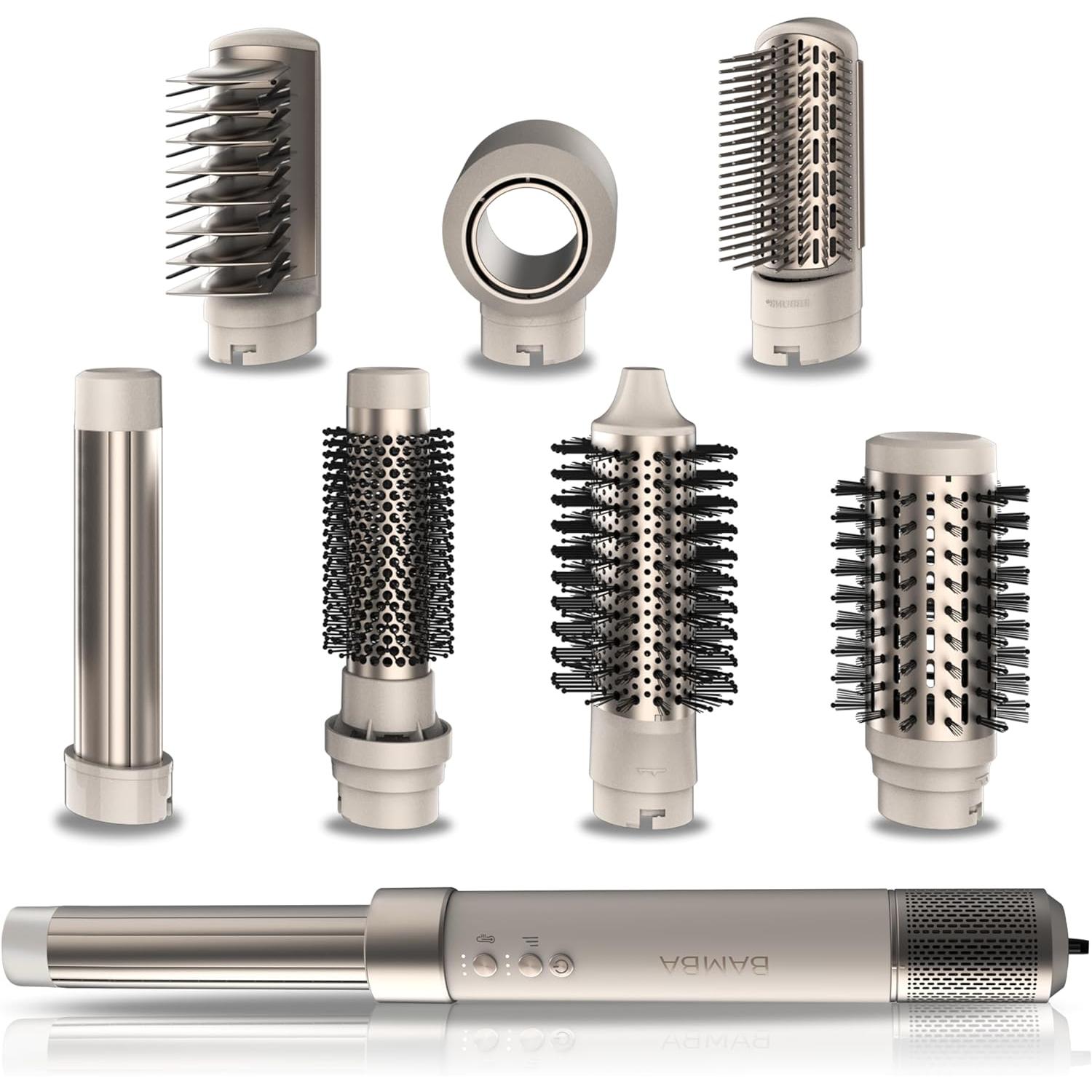 Moldeador Cecotec Bamba 8 en 1 CeramicCare AirGlam Aluminum Champagne multifunción con tecnología Coanda que moldea, riza, peina, seca y elimina el efecto frizz, 3 velocidades, 3 temperaturas, y control inteligente. calor. Motor digital 1400 W de potencia