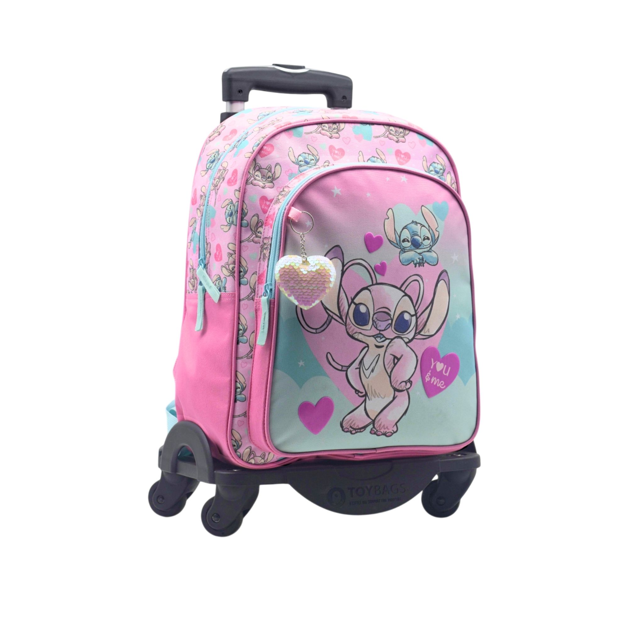 Mochila Escolar Angel & Stitch - Doble Compartimento - CON ACCESORIO CORAZON - 44.5 X 32 X 21 CM