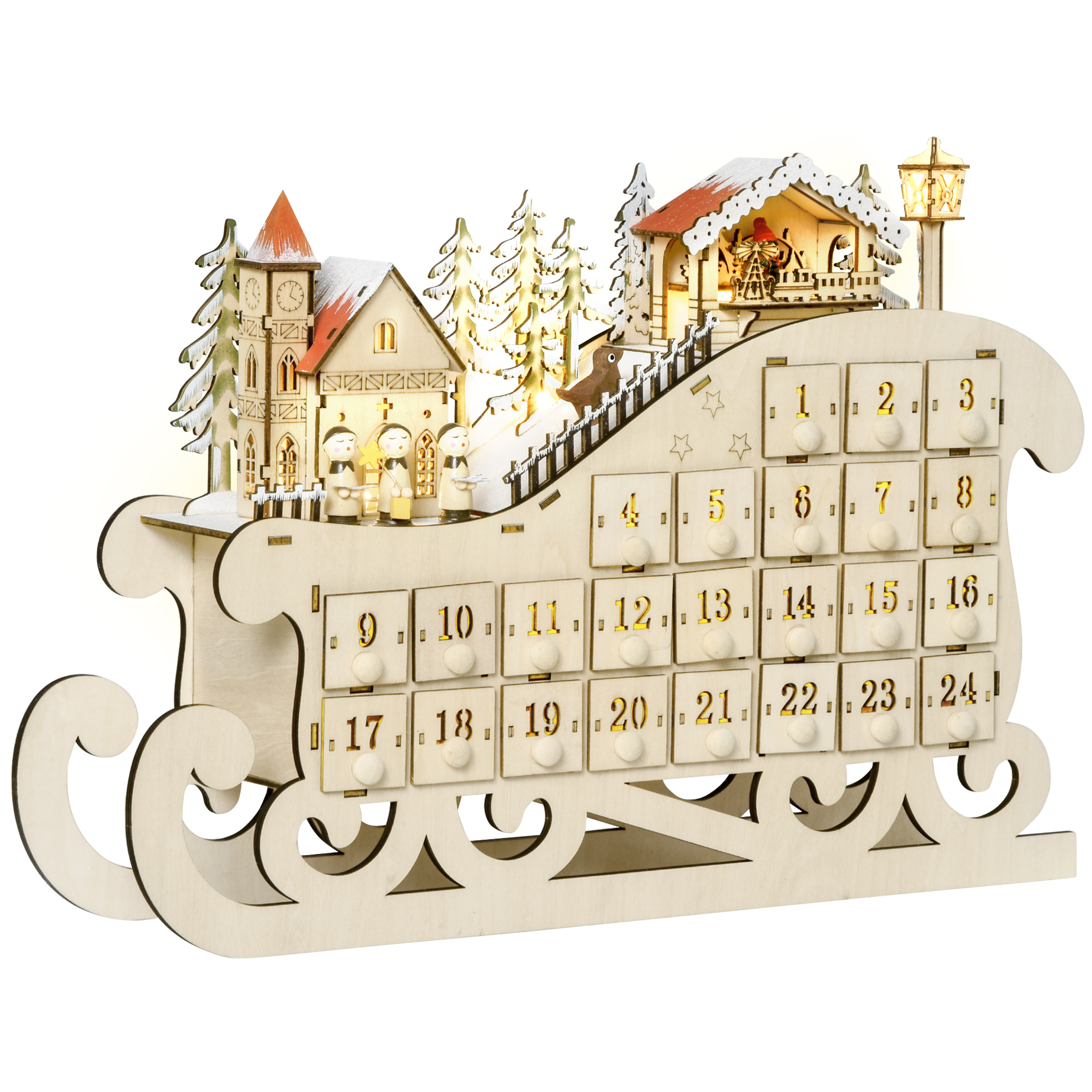 HOMCOM Calendario de Adviento de Navidad Madera con 24 Cajones y Luces LED Decoración Navideña Modelo Trineo 45x10x31 cm Madera Natural