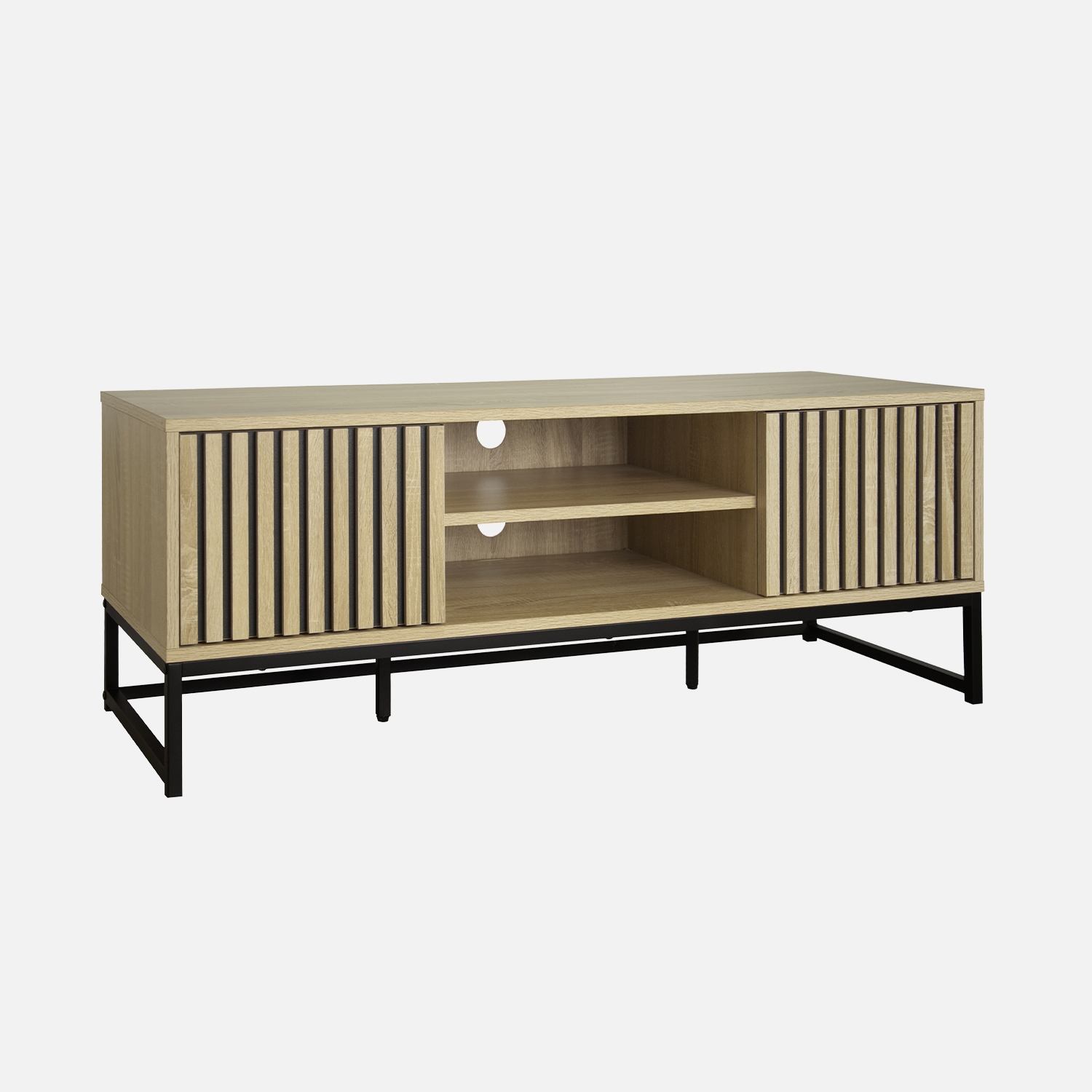 sweeek - Mueble TV 2 puertas de madera ranurada y metal negro L 120 , Lisbonne , 120x40x42
