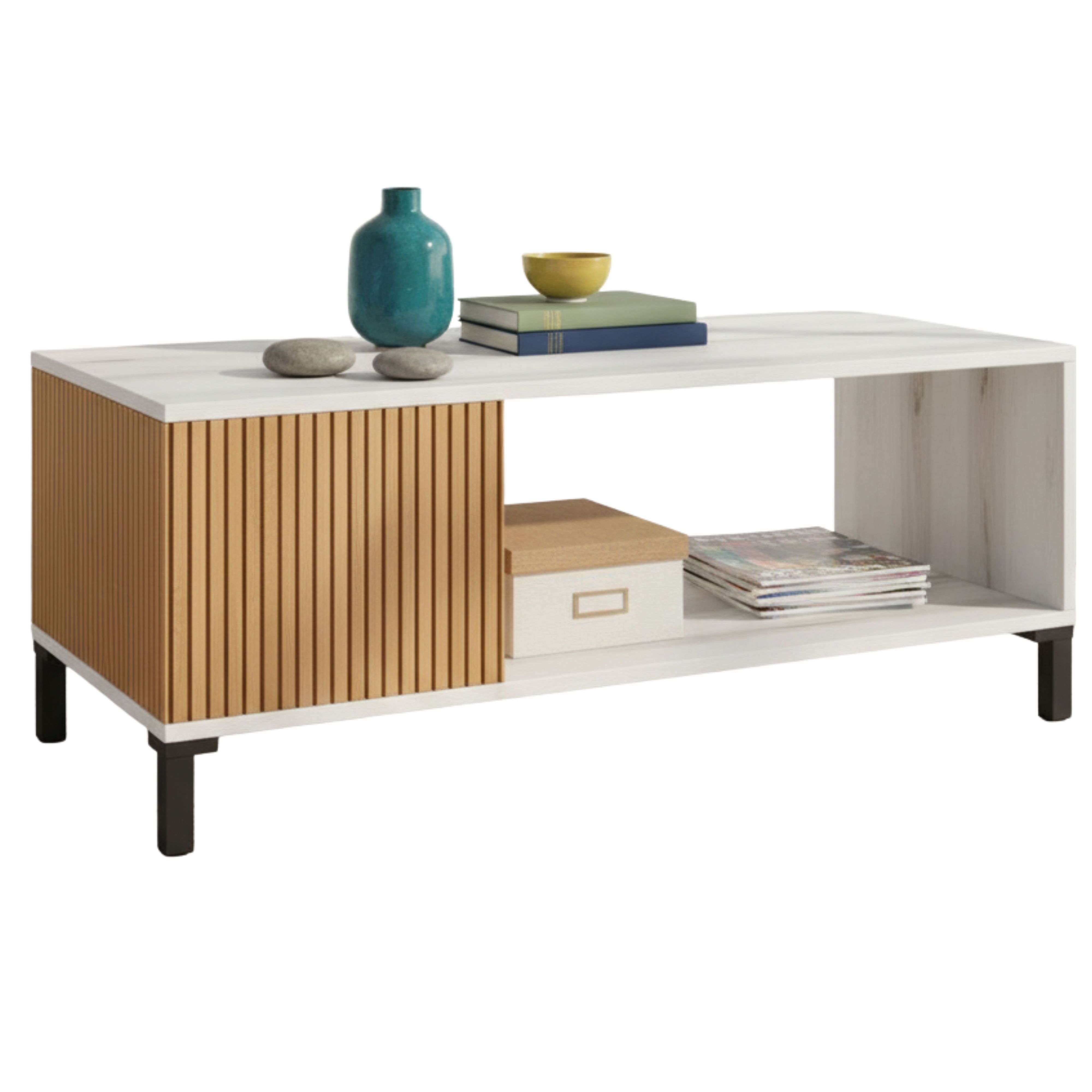 Miroytengo Mesa de Centro Salón Comedor Tokio Estilo Nóridco en Roble Ryado y Blanco Albo 100x41 cm